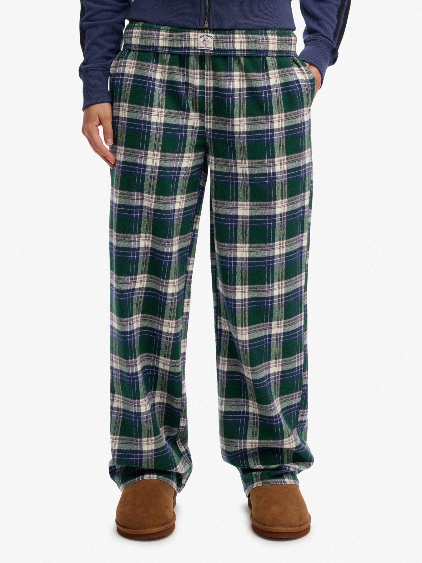 Image 1 of 7 of Superdry Cotton Check Elastic Trousers - Green