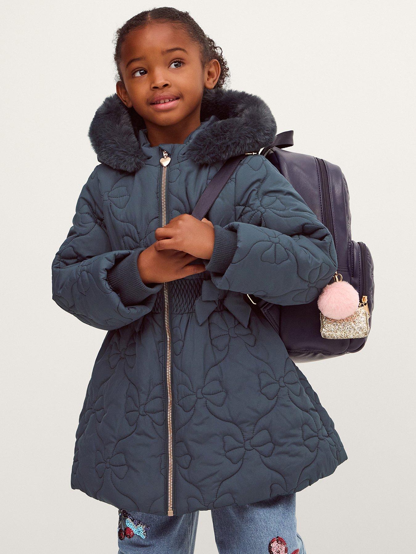 Image 4 of 4 of Monsoon Girls Padded Bonnie Bow Quilted Coat - Navy