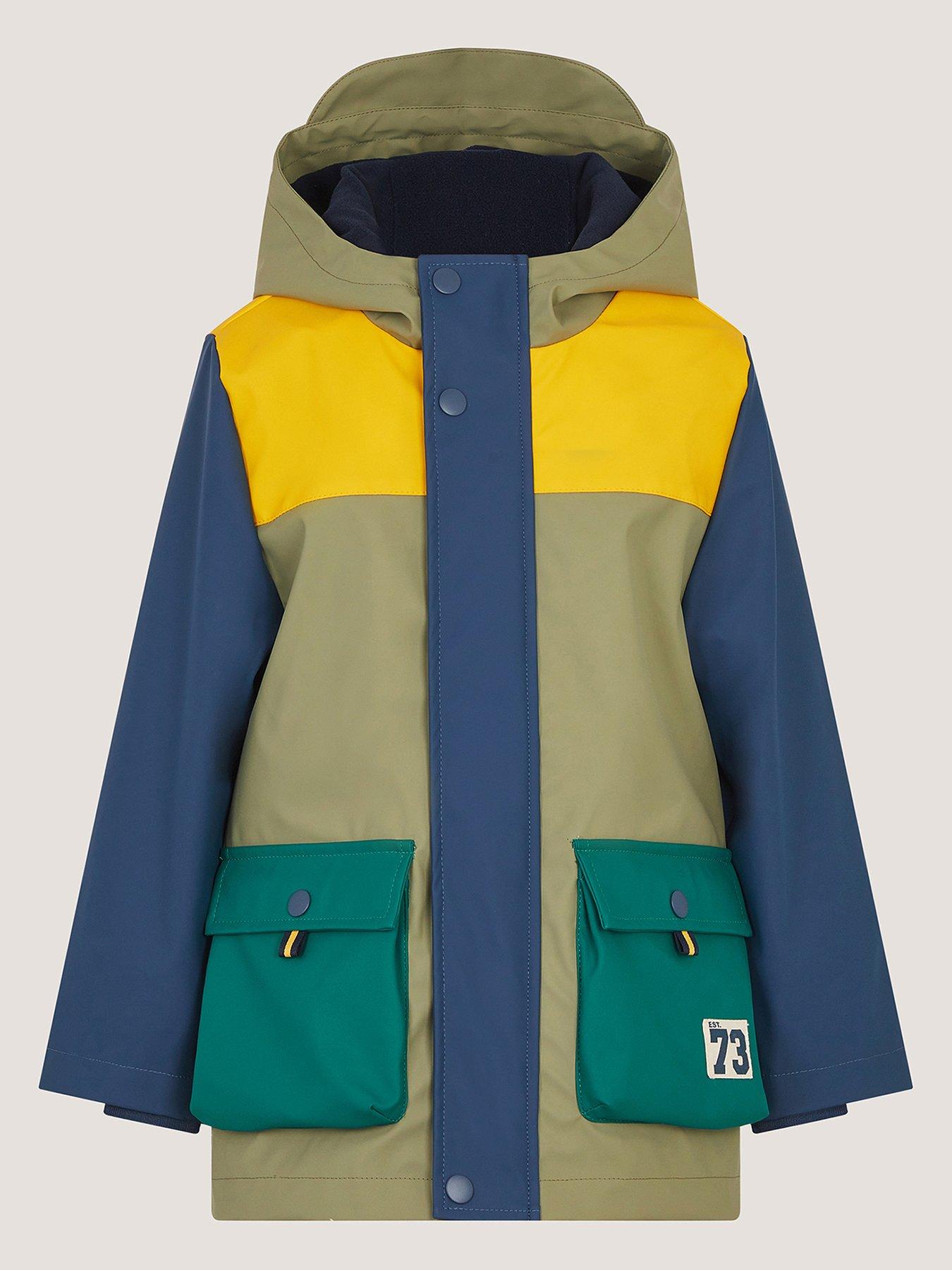 Image 1 of 3 of Monsoon Boys' Water-Resistant Colour Block Rain Jacket with Hood - Multi