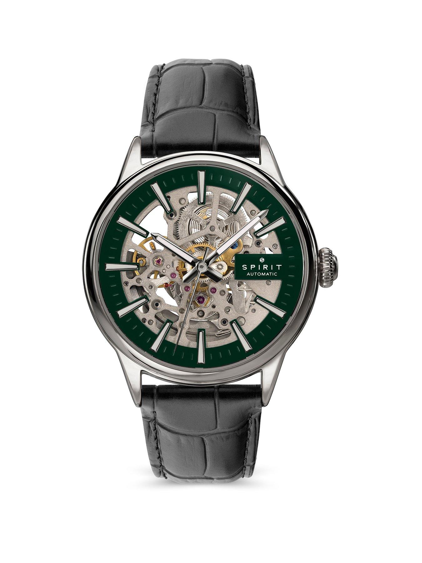 Spirit Gents Skeleton Automatic Silver Plated Black Leather Strap Watch