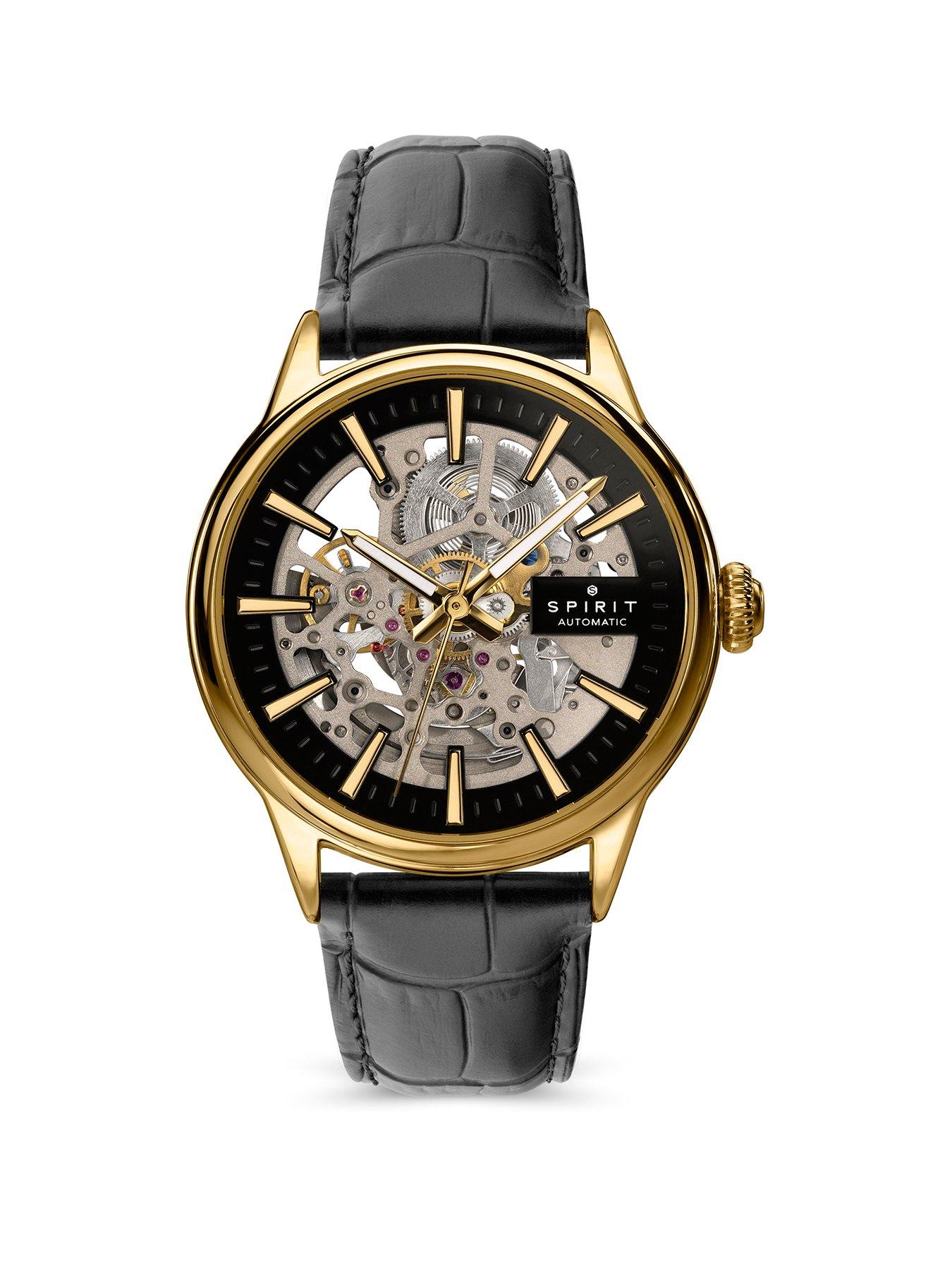 Spirit Gents Skeleton Automatic Gold Plated Black Leather Strap Watch