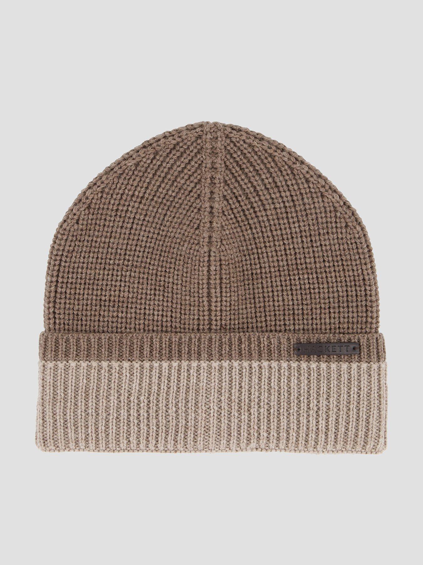Image 1 of 4 of Hackett Mens Hackett London Merino Wool Turn-Up Two-Tone Beanie - Beige