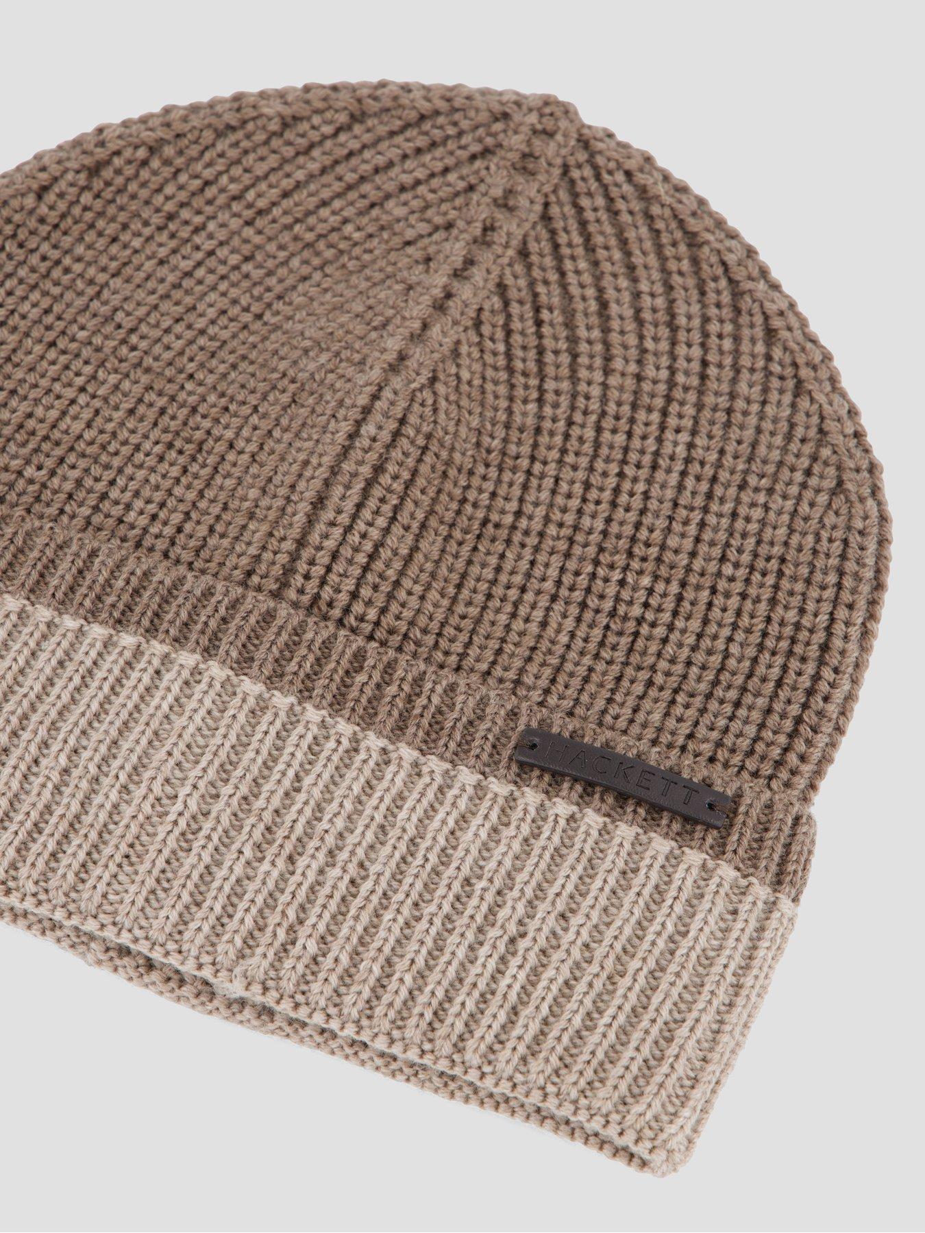 Image 3 of 4 of Hackett Mens Hackett London Merino Wool Turn-Up Two-Tone Beanie - Beige