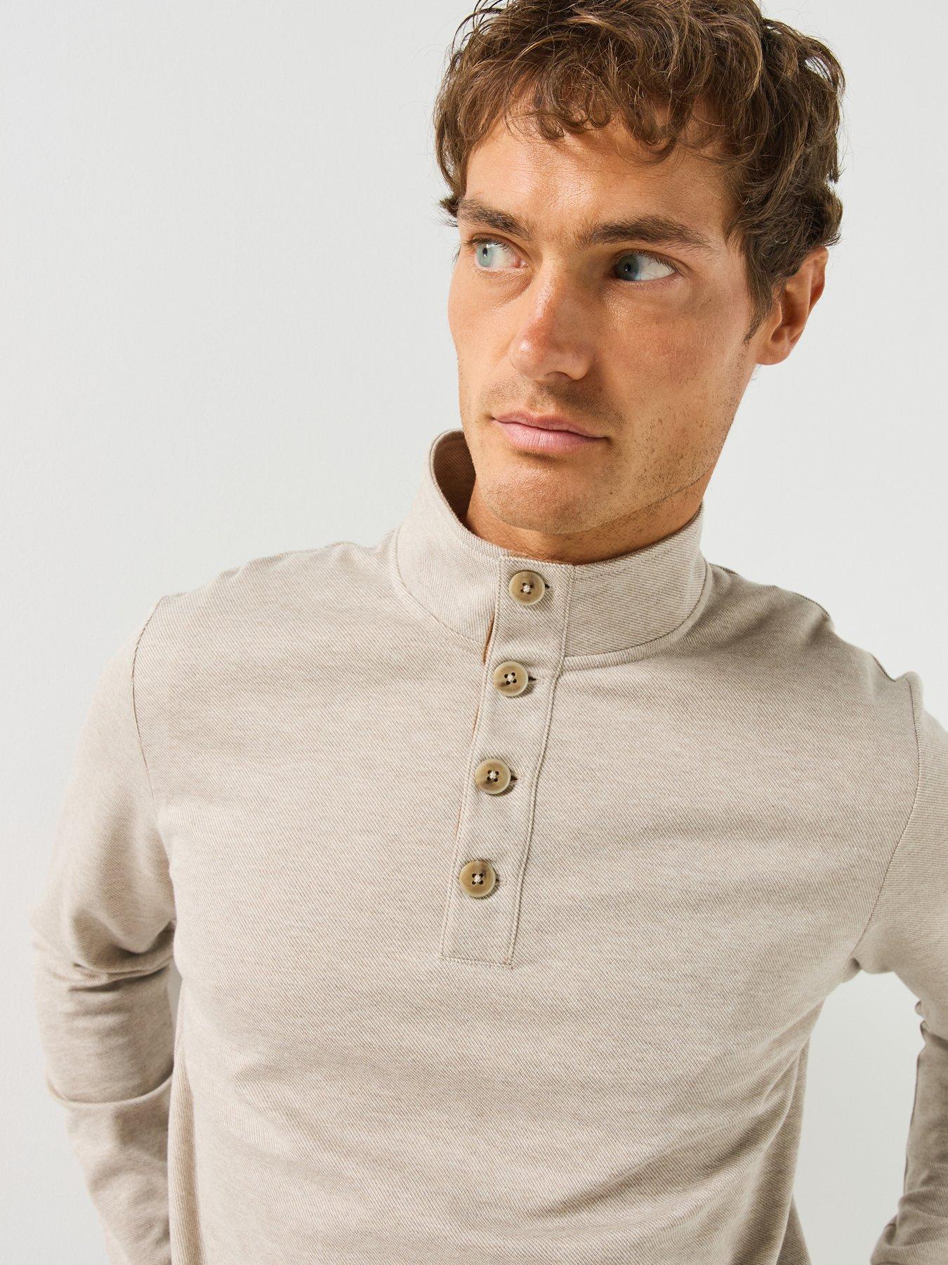 Image 4 of 6 of Hackett London Twill Jacquard Placket Button Neck Sweatshirt - Beige