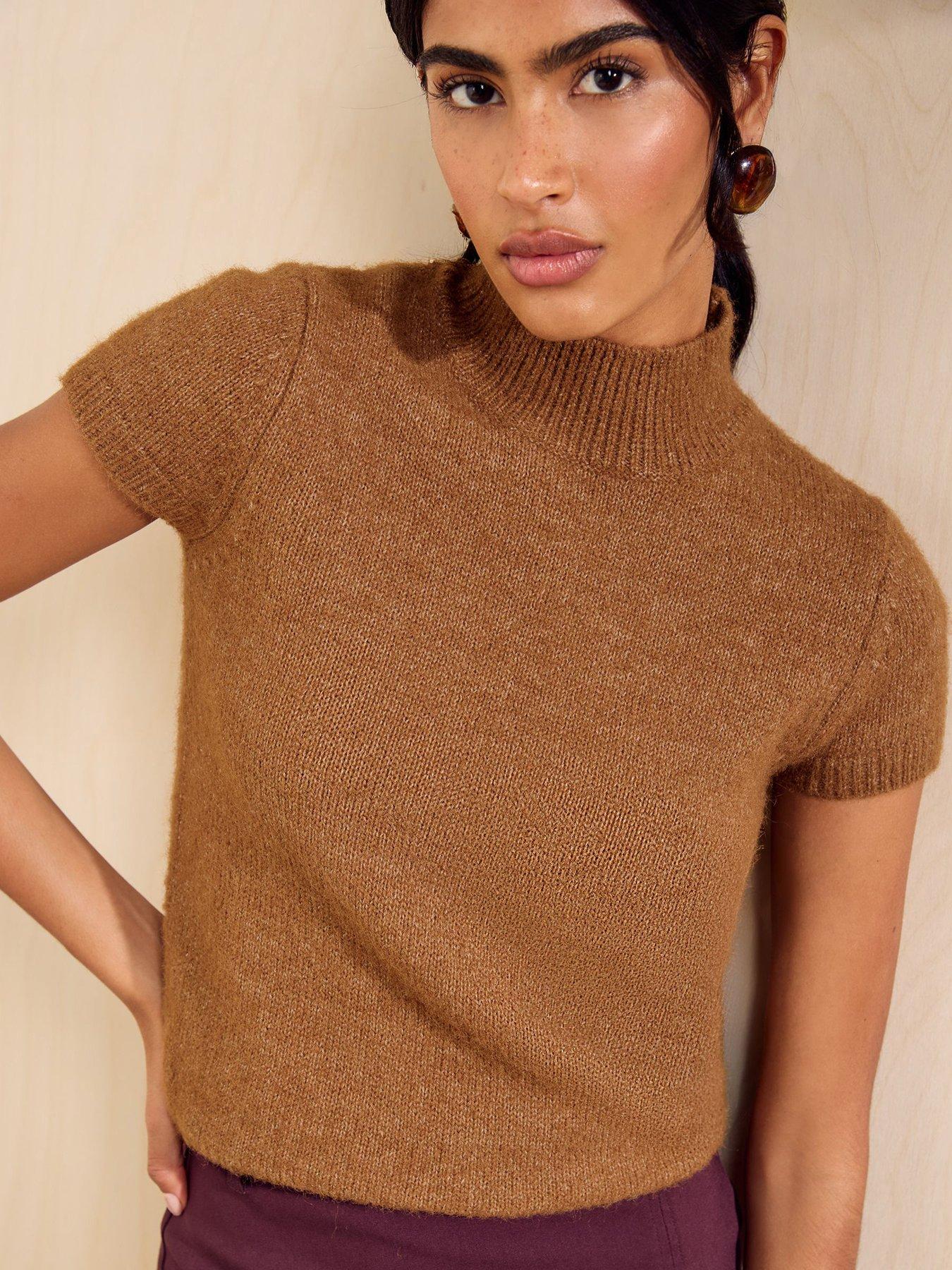 Image 1 of 5 of Friends Like These Caramel Brown Cap Sleeve Knit Top - Beige