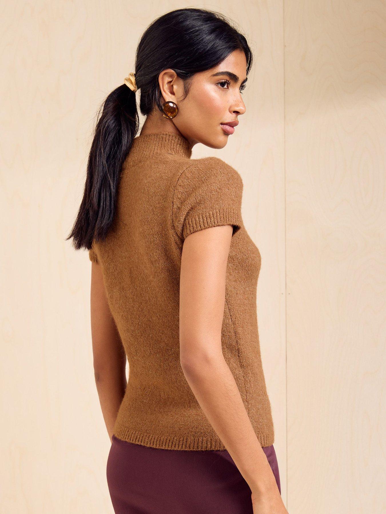 Image 2 of 5 of Friends Like These Caramel Brown Cap Sleeve Knit Top - Beige