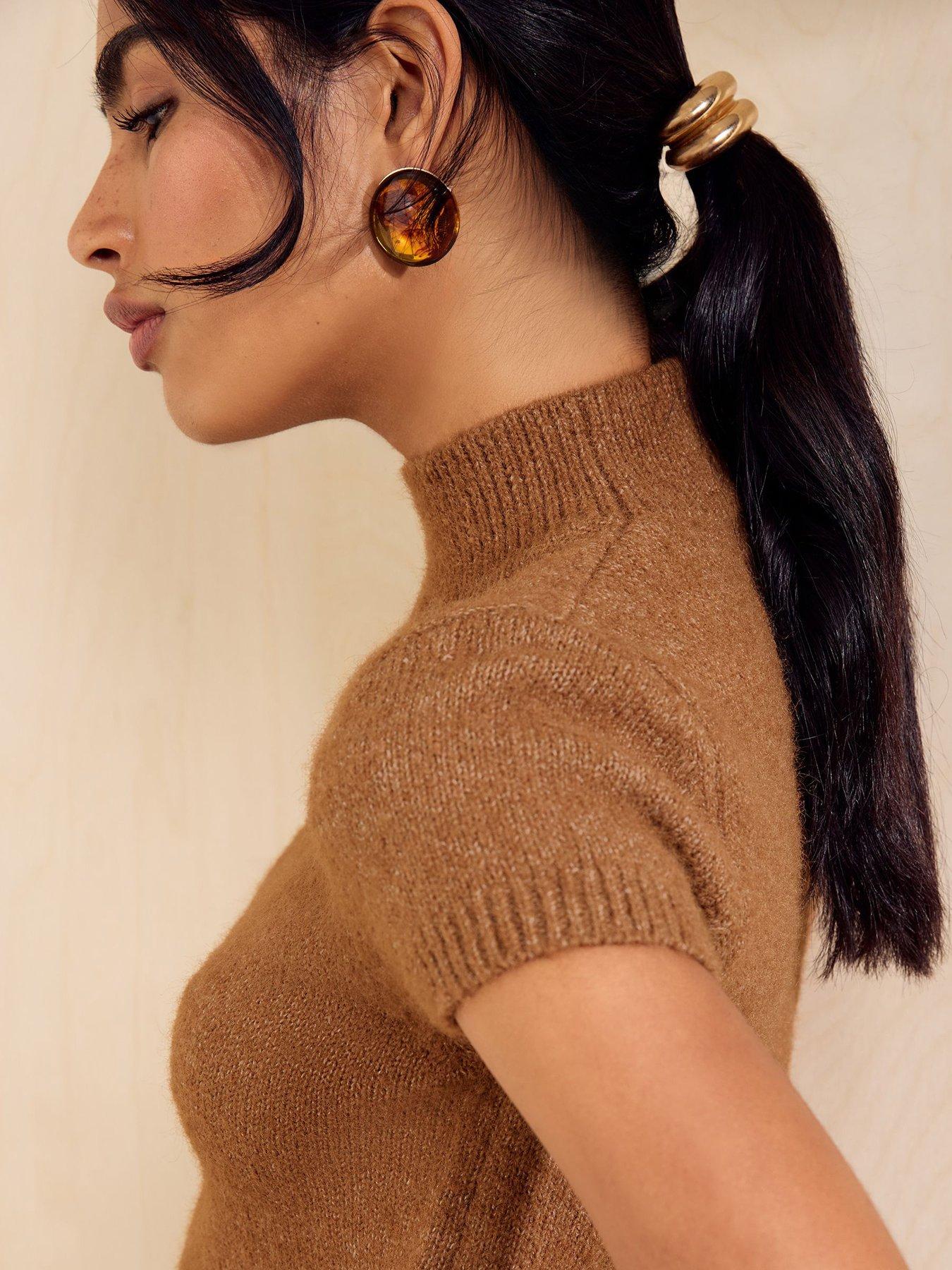 Image 4 of 5 of Friends Like These Caramel Brown Cap Sleeve Knit Top - Beige