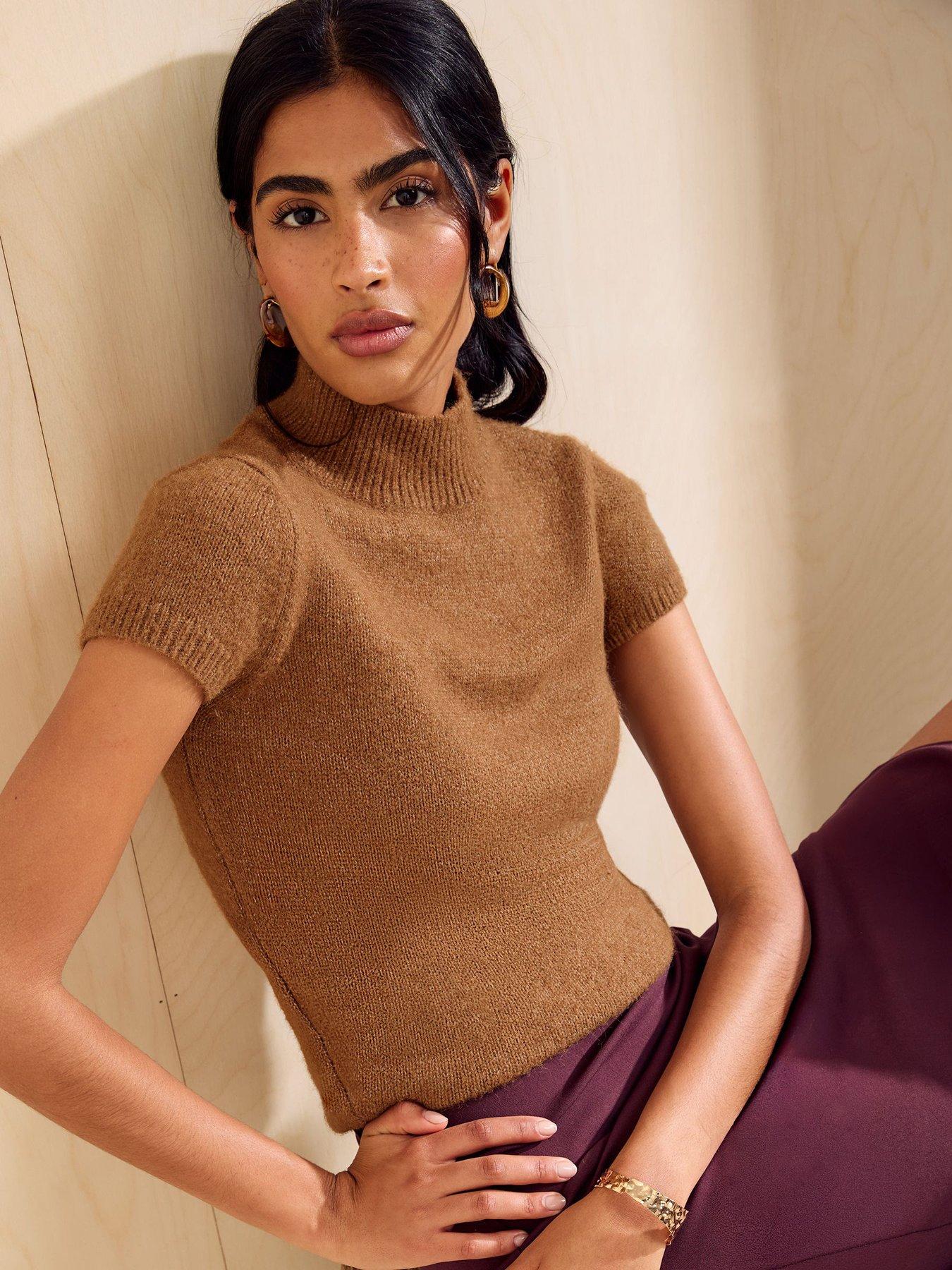 Image 5 of 5 of Friends Like These Caramel Brown Cap Sleeve Knit Top - Beige