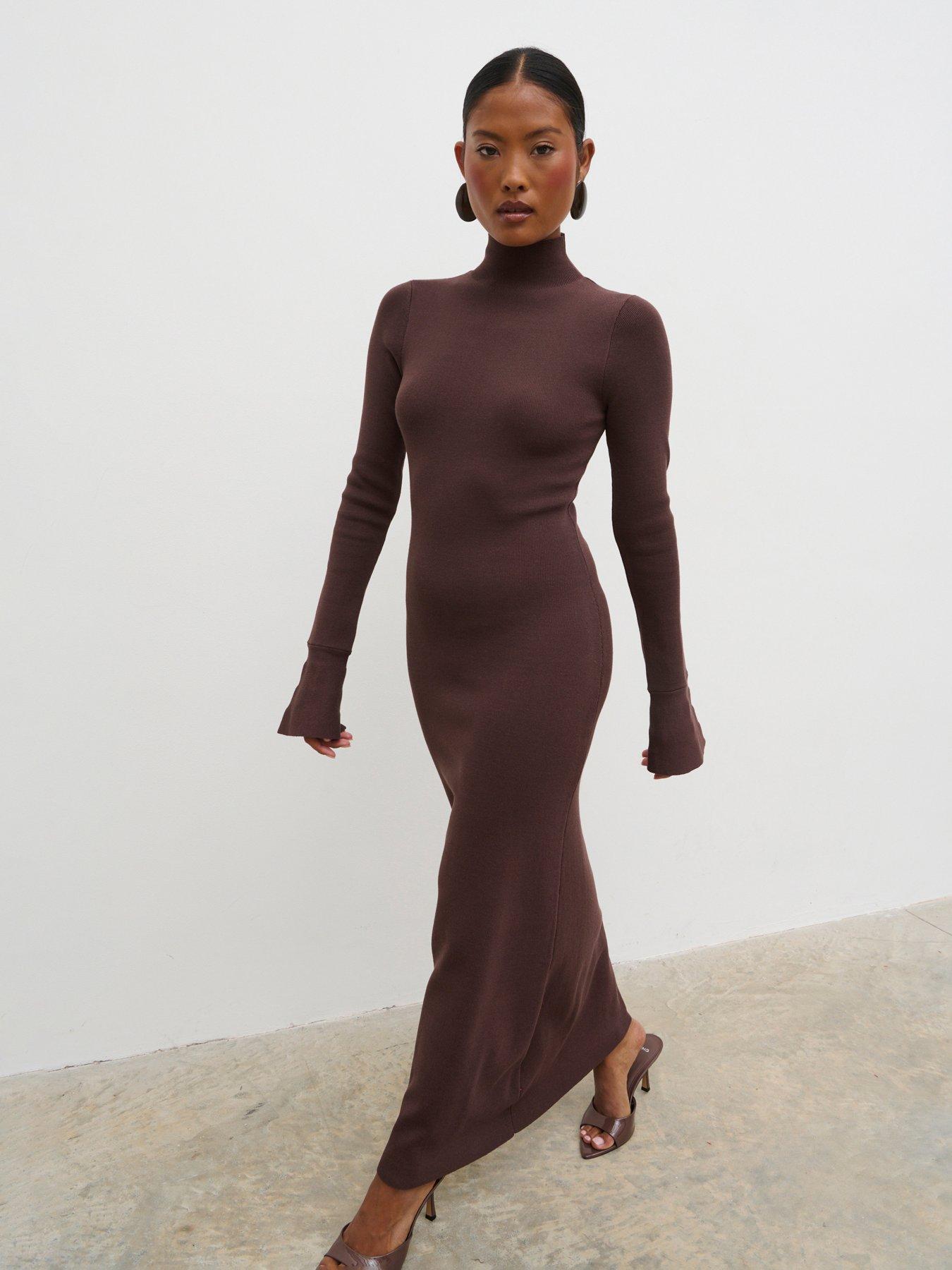 Image 1 of 4 of Pretty Lavish Alina High Neck Knit Midaxi Dress - Mushroom
