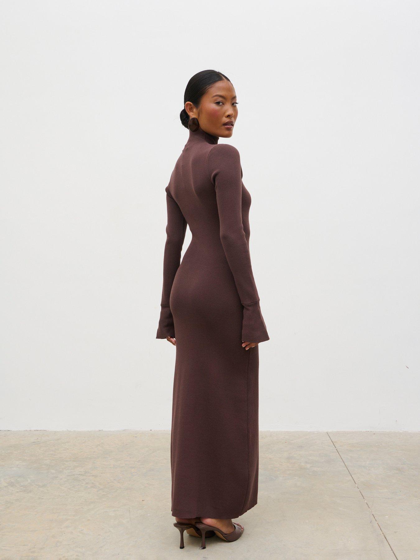 Image 2 of 4 of Pretty Lavish Alina High Neck Knit Midaxi Dress - Mushroom