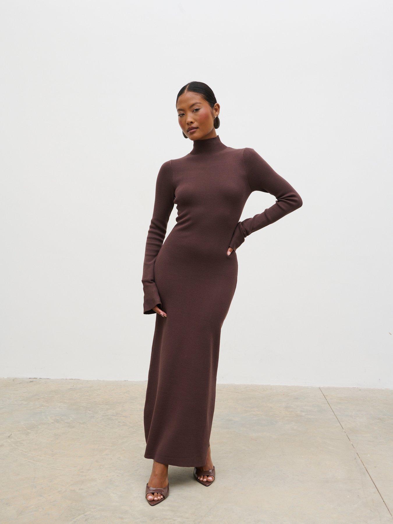 Image 3 of 4 of Pretty Lavish Alina High Neck Knit Midaxi Dress - Mushroom