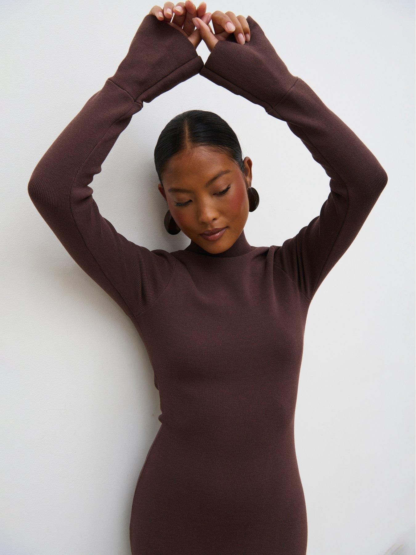 Image 4 of 4 of Pretty Lavish Alina High Neck Knit Midaxi Dress - Mushroom