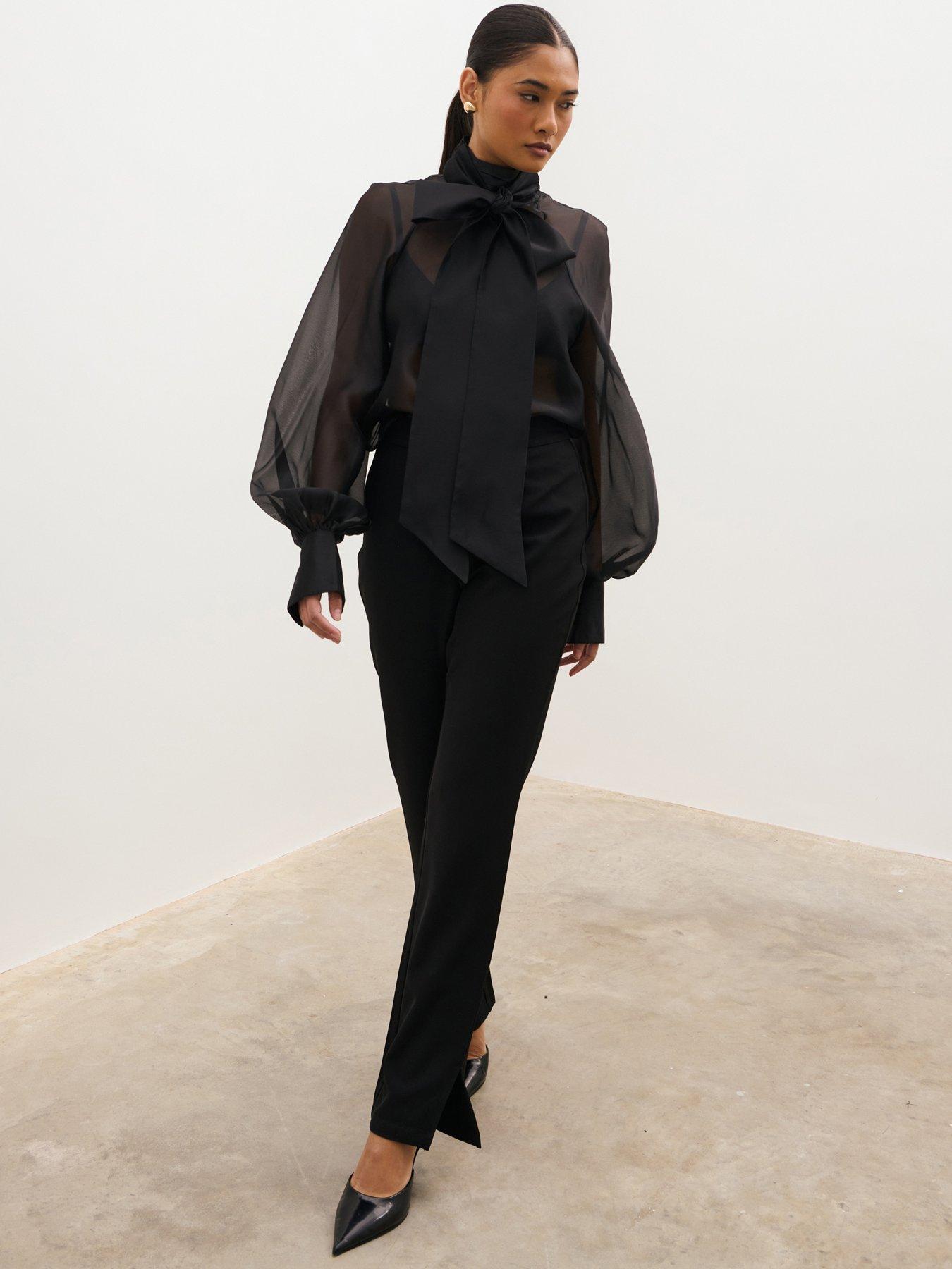 Image 1 of 5 of Pretty Lavish Womens Mika Organza Bow Sheer Sleeve Blouse - Black