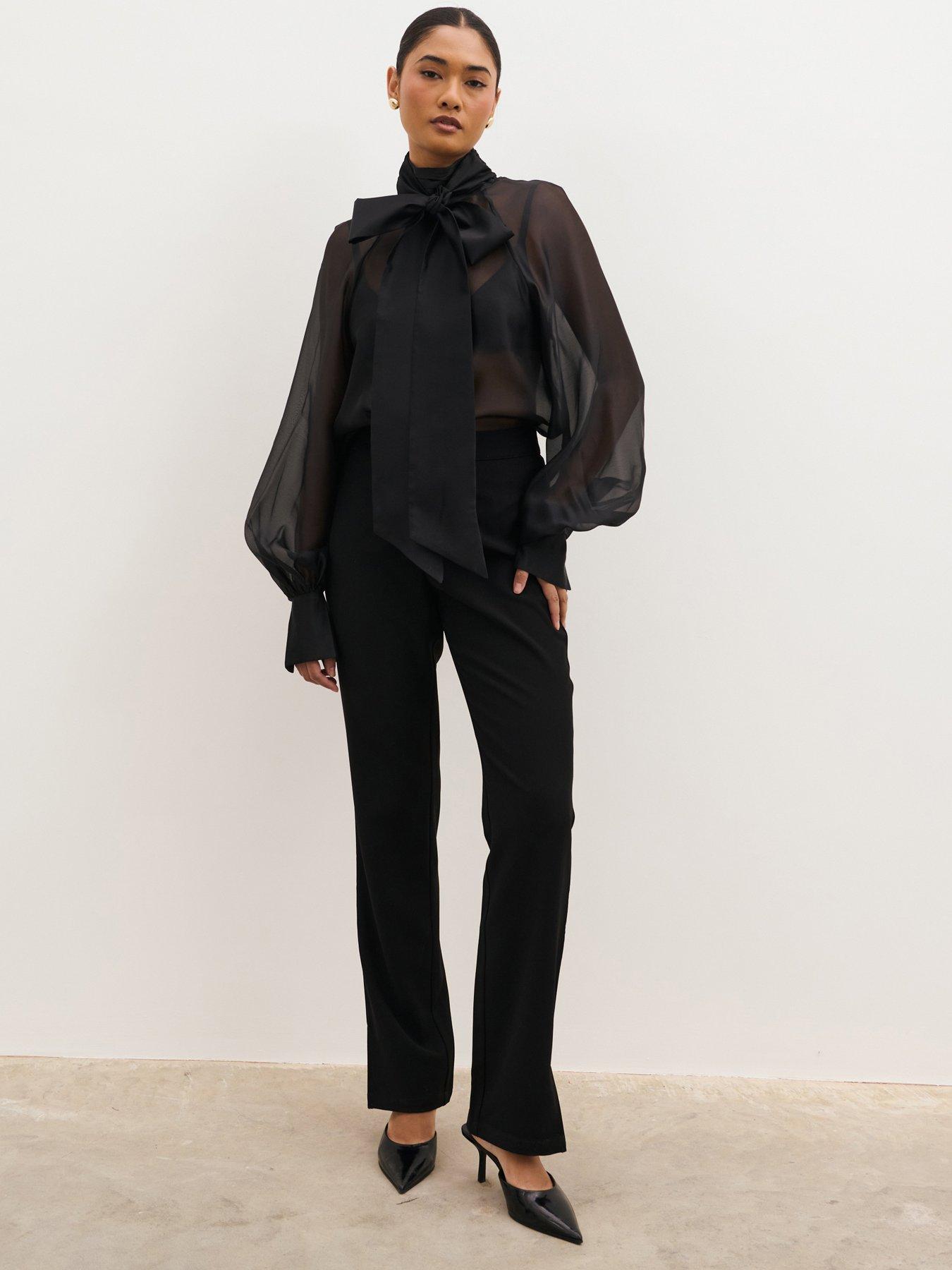 Image 3 of 5 of Pretty Lavish Womens Mika Organza Bow Sheer Sleeve Blouse - Black