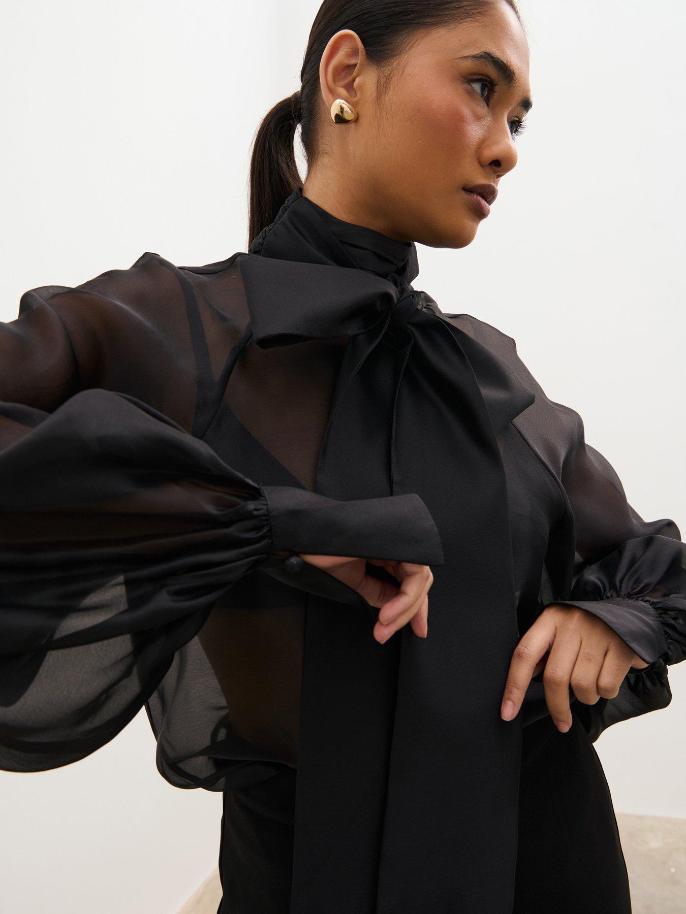 Image 4 of 5 of Pretty Lavish Womens Mika Organza Bow Sheer Sleeve Blouse - Black