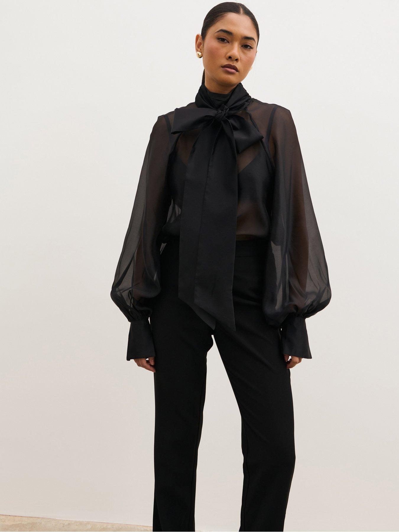 Image 5 of 5 of Pretty Lavish Womens Mika Organza Bow Sheer Sleeve Blouse - Black