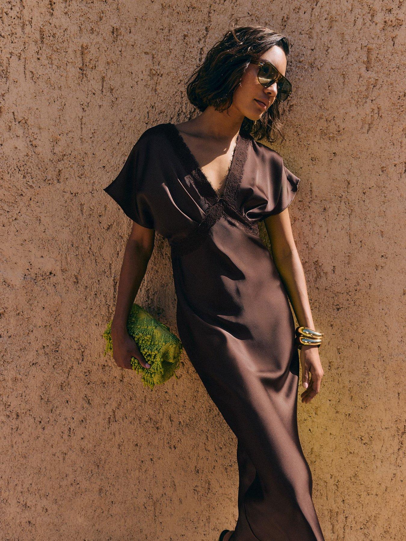 Friends Like These Chocolate Brown Satin Lace Trim Batwing Midi Dress
