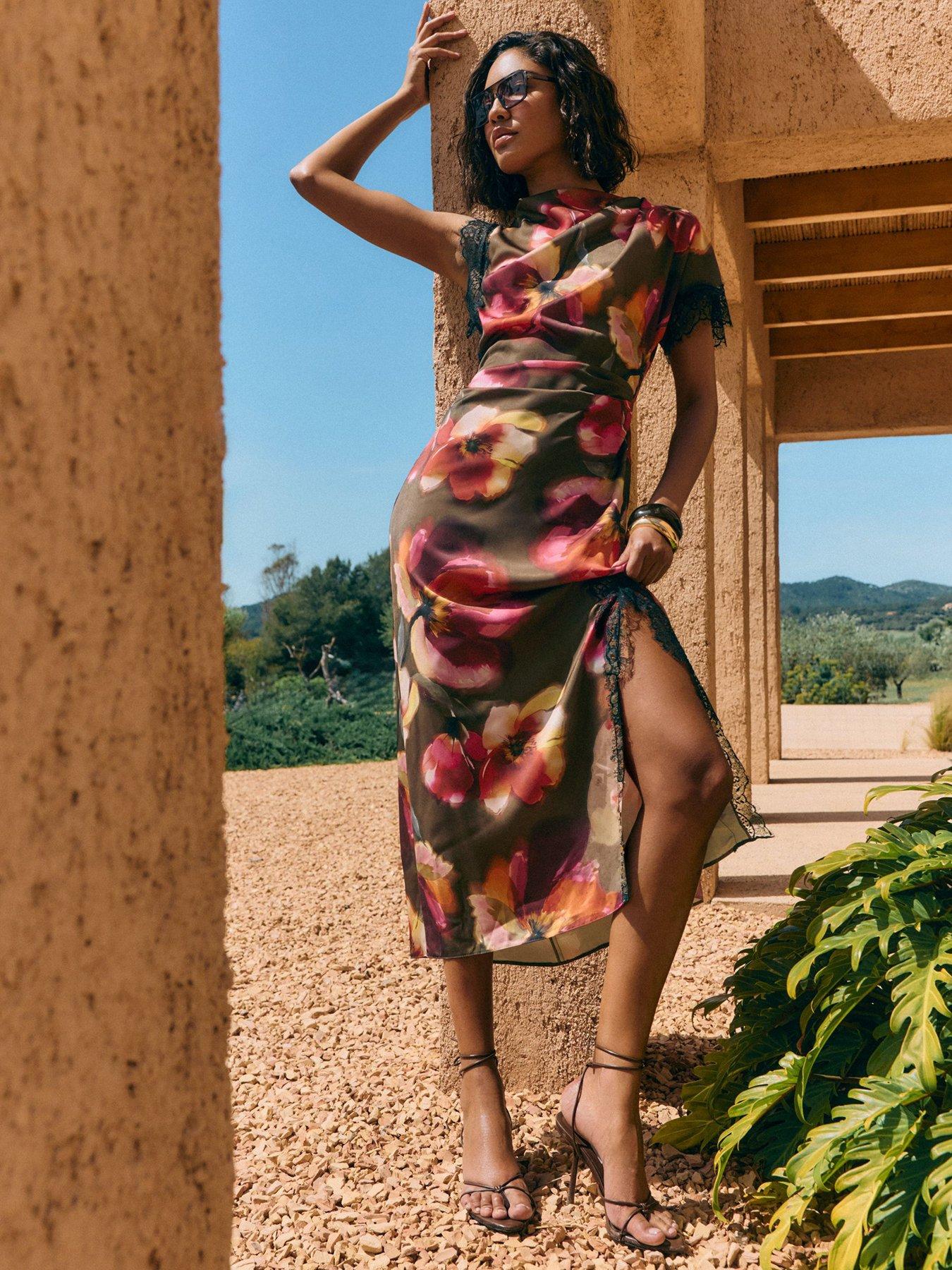 Friends Like These Floral Print Side Split Detail Midi Dress - Multi