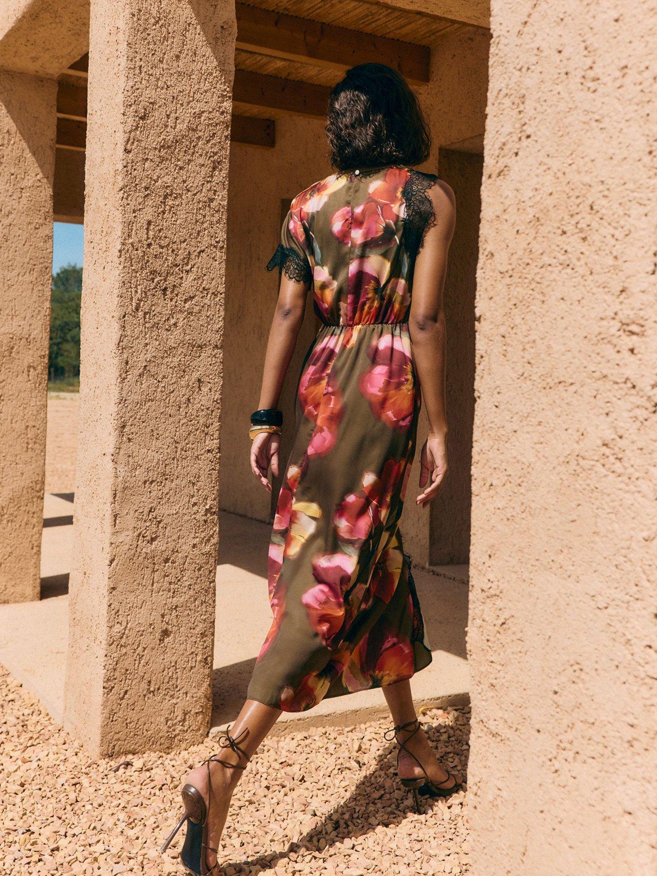 Image 2 of 5 of Friends Like These Olive Green Short Sleeve Lace Detail Midi Dress