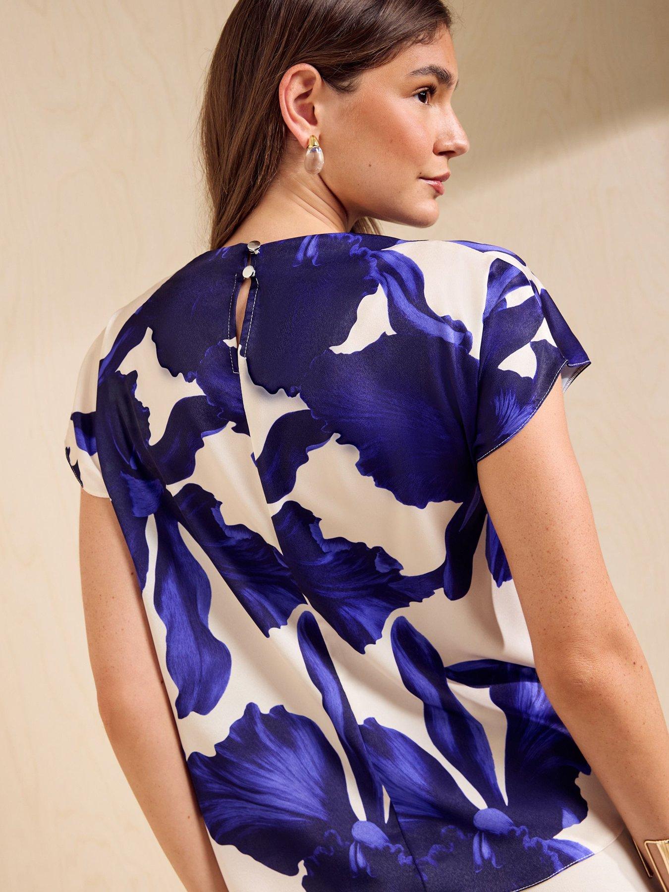 Image 2 of 5 of Friends Like These Blue Floral Print Satin Drape Neck Blouse