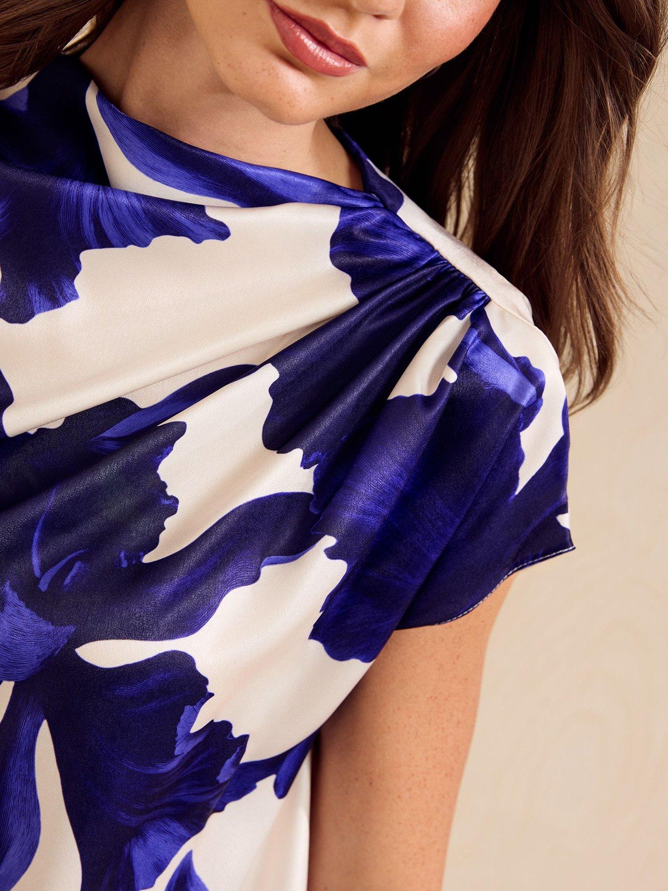 Image 5 of 5 of Friends Like These Blue Floral Print Satin Drape Neck Blouse