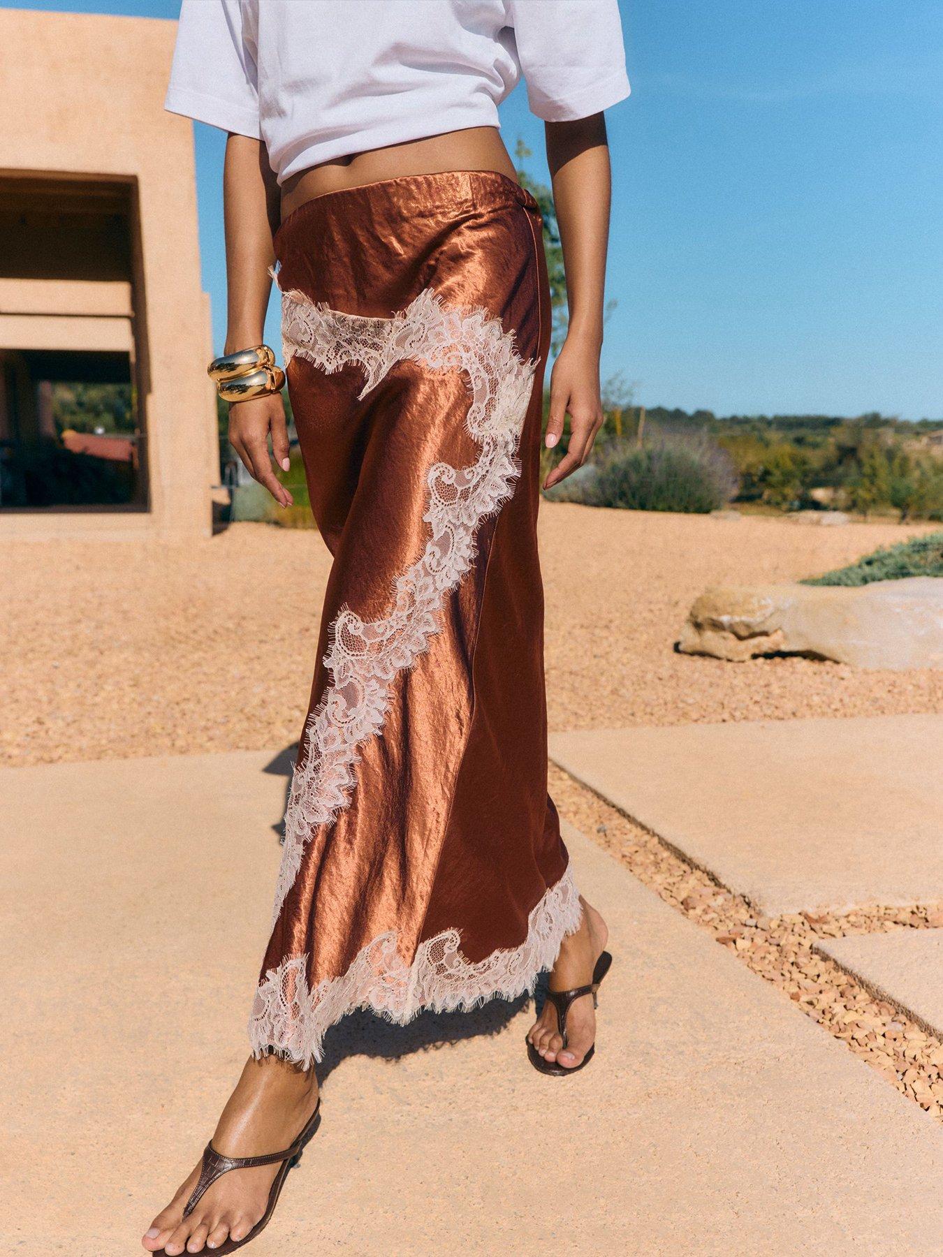 Friends Like These Bronze Asymmetric Lace Hem Satin Midi Skirt