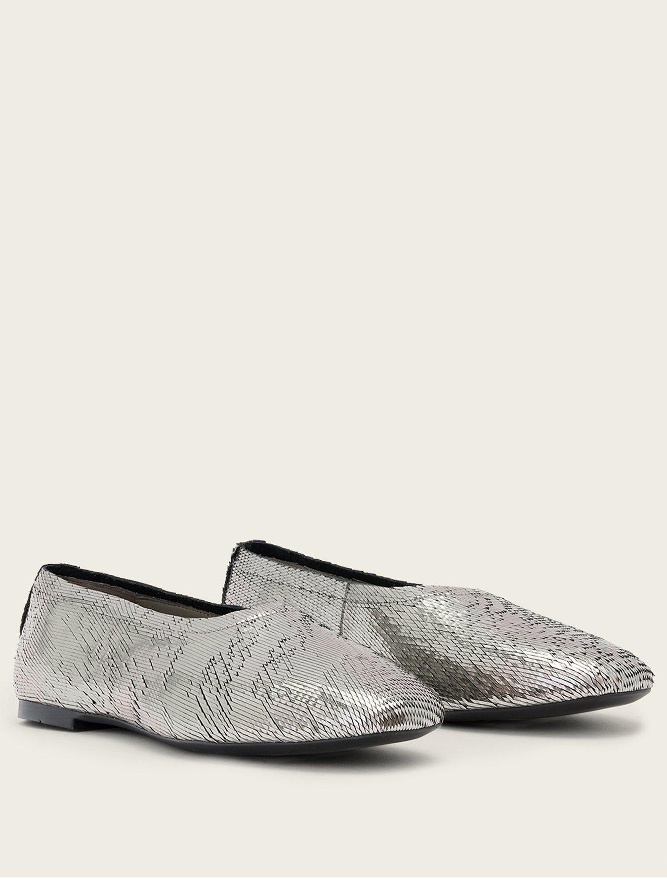 Image 2 of 6 of AllSaints Womens Hailee Square Toe Metallic Slip-On Ballet Pumps - Grey