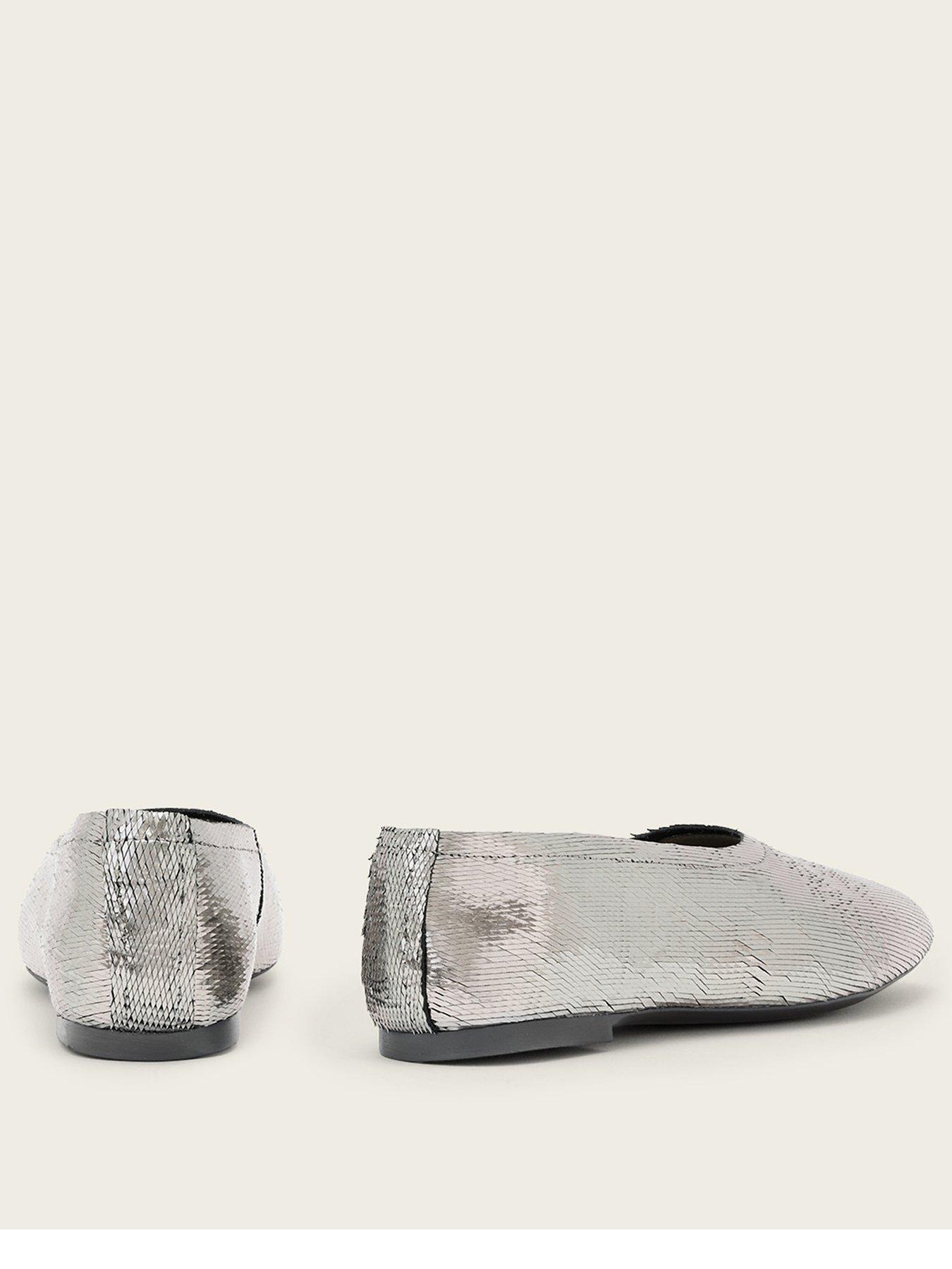 Image 3 of 6 of AllSaints Womens Hailee Square Toe Metallic Slip-On Ballet Pumps - Grey