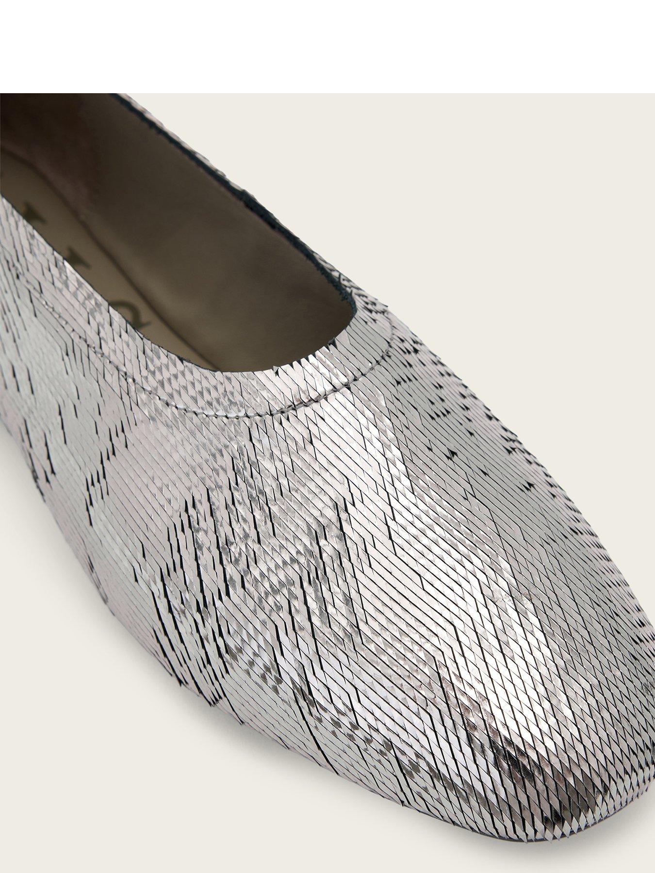 Image 4 of 6 of AllSaints Womens Hailee Square Toe Metallic Slip-On Ballet Pumps - Grey