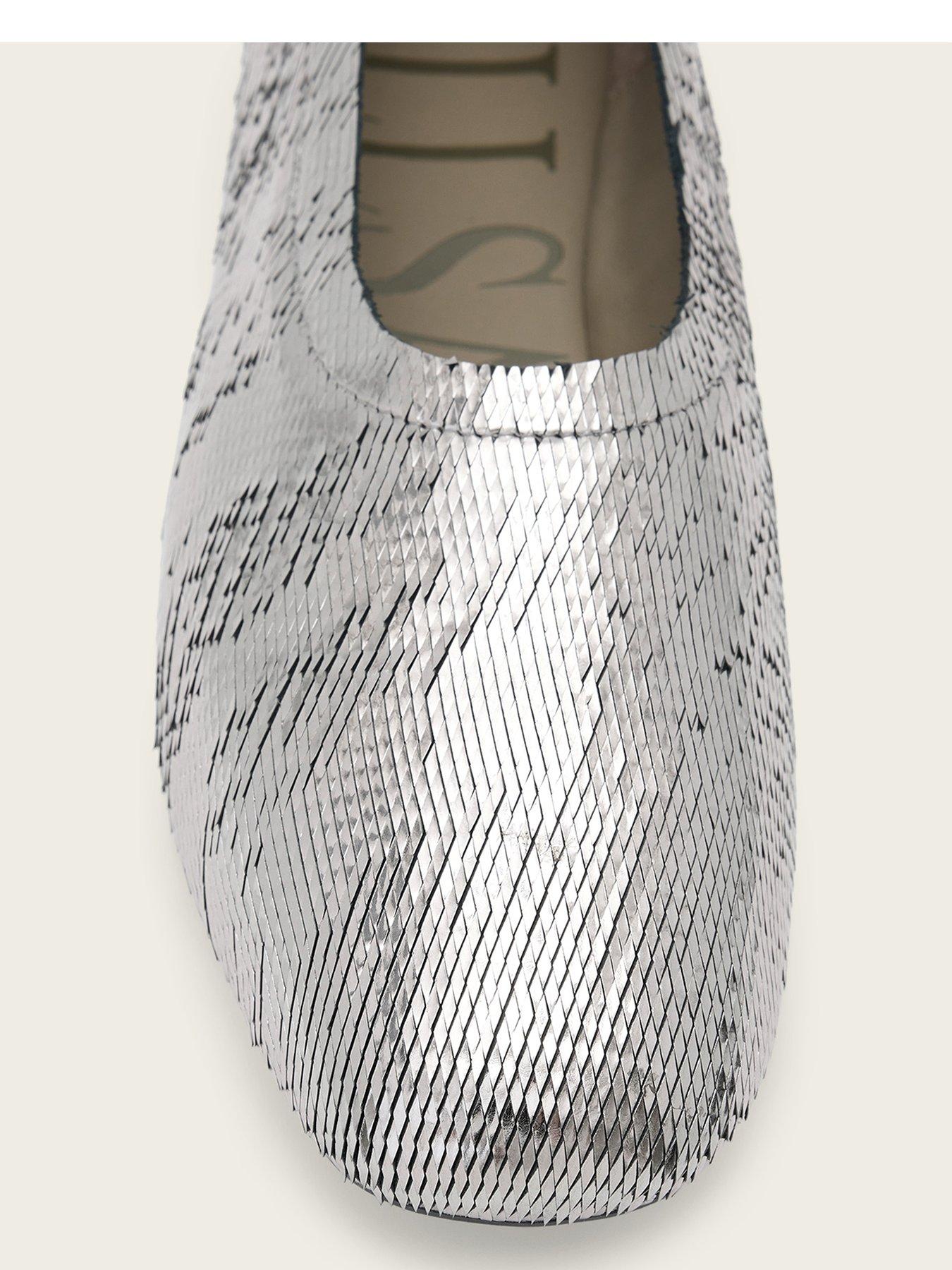 Image 5 of 6 of AllSaints Womens Hailee Square Toe Metallic Slip-On Ballet Pumps - Grey