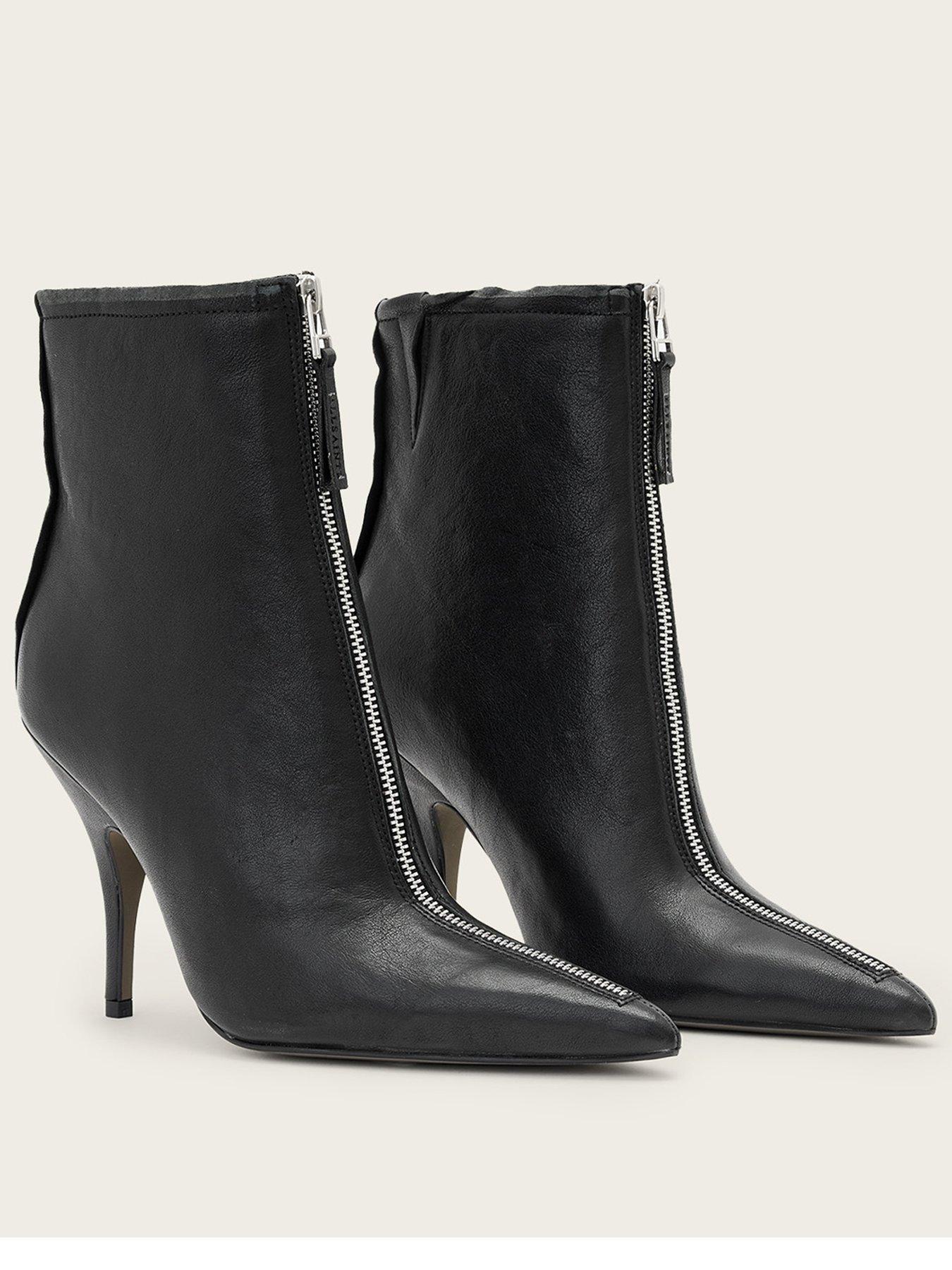 Image 1 of 7 of AllSaints Womens Vera Pointed Toe Front Zip Stiletto Ankle Boots - Black