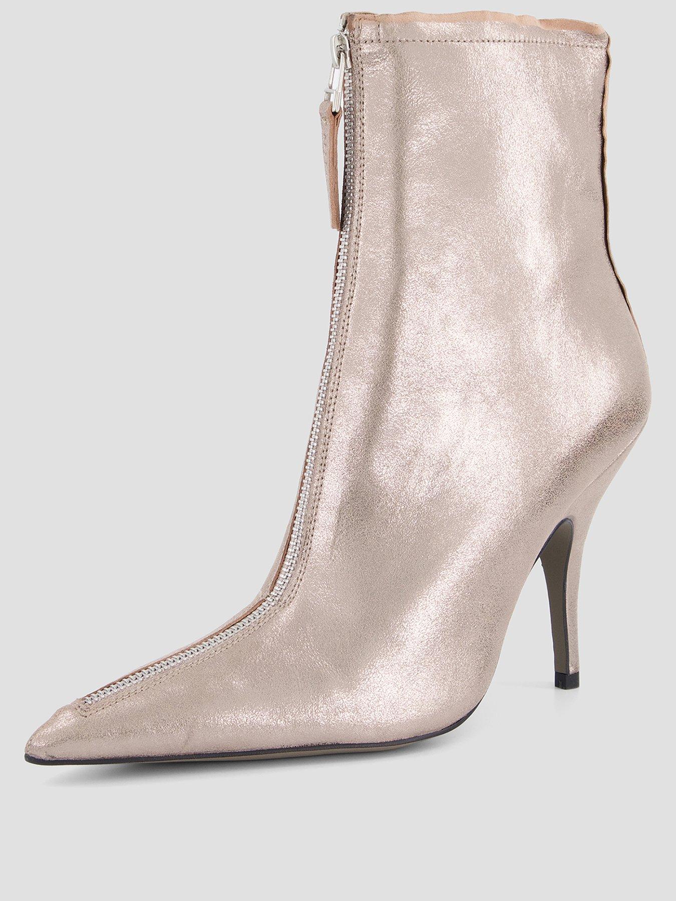 Image 2 of 8 of AllSaints Womens Vera Metallic Leather Zip Stiletto Ankle Boots - Silver