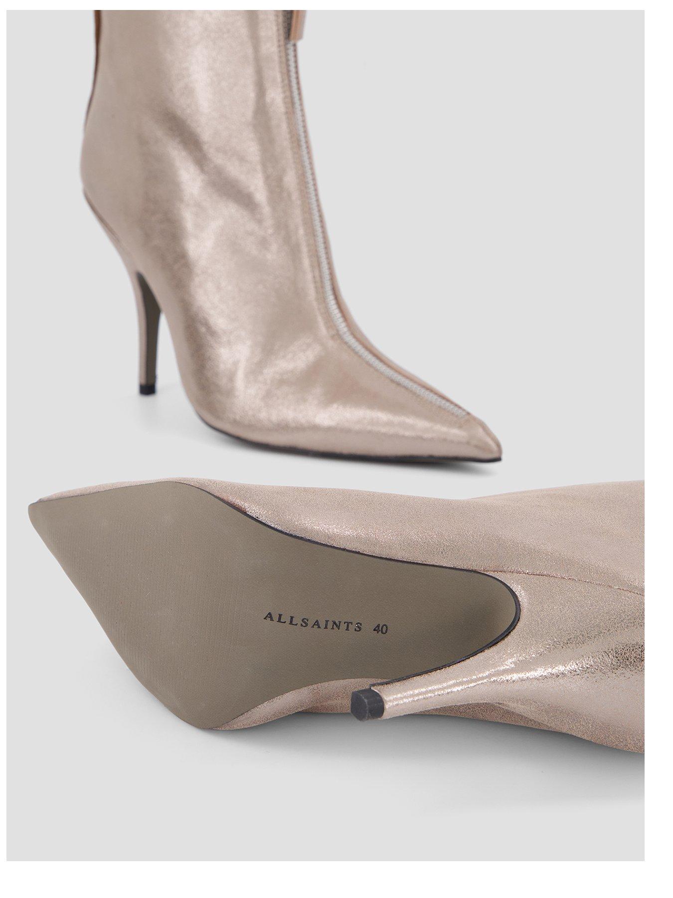 Image 3 of 8 of AllSaints Womens Vera Metallic Leather Zip Stiletto Ankle Boots - Silver