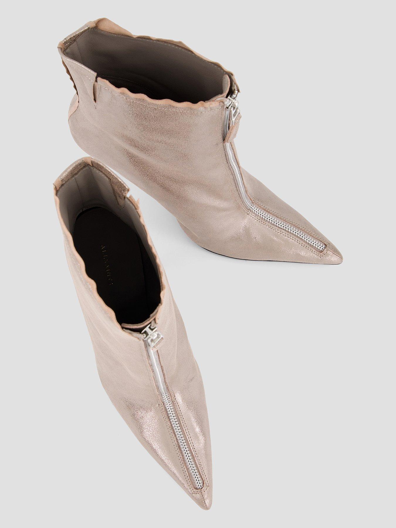 Image 4 of 8 of AllSaints Womens Vera Metallic Leather Zip Stiletto Ankle Boots - Silver