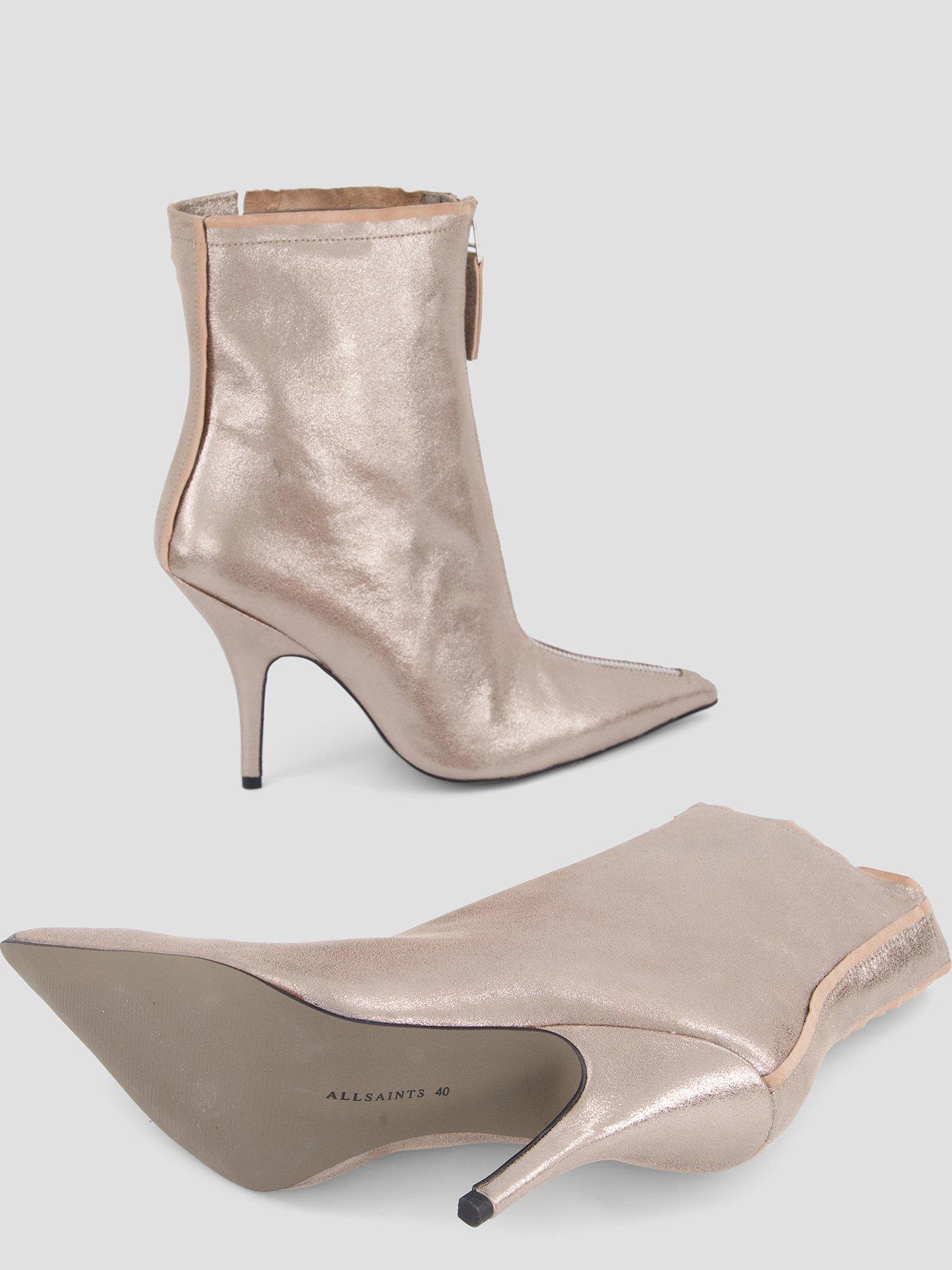 Image 5 of 8 of AllSaints Womens Vera Metallic Leather Zip Stiletto Ankle Boots - Silver