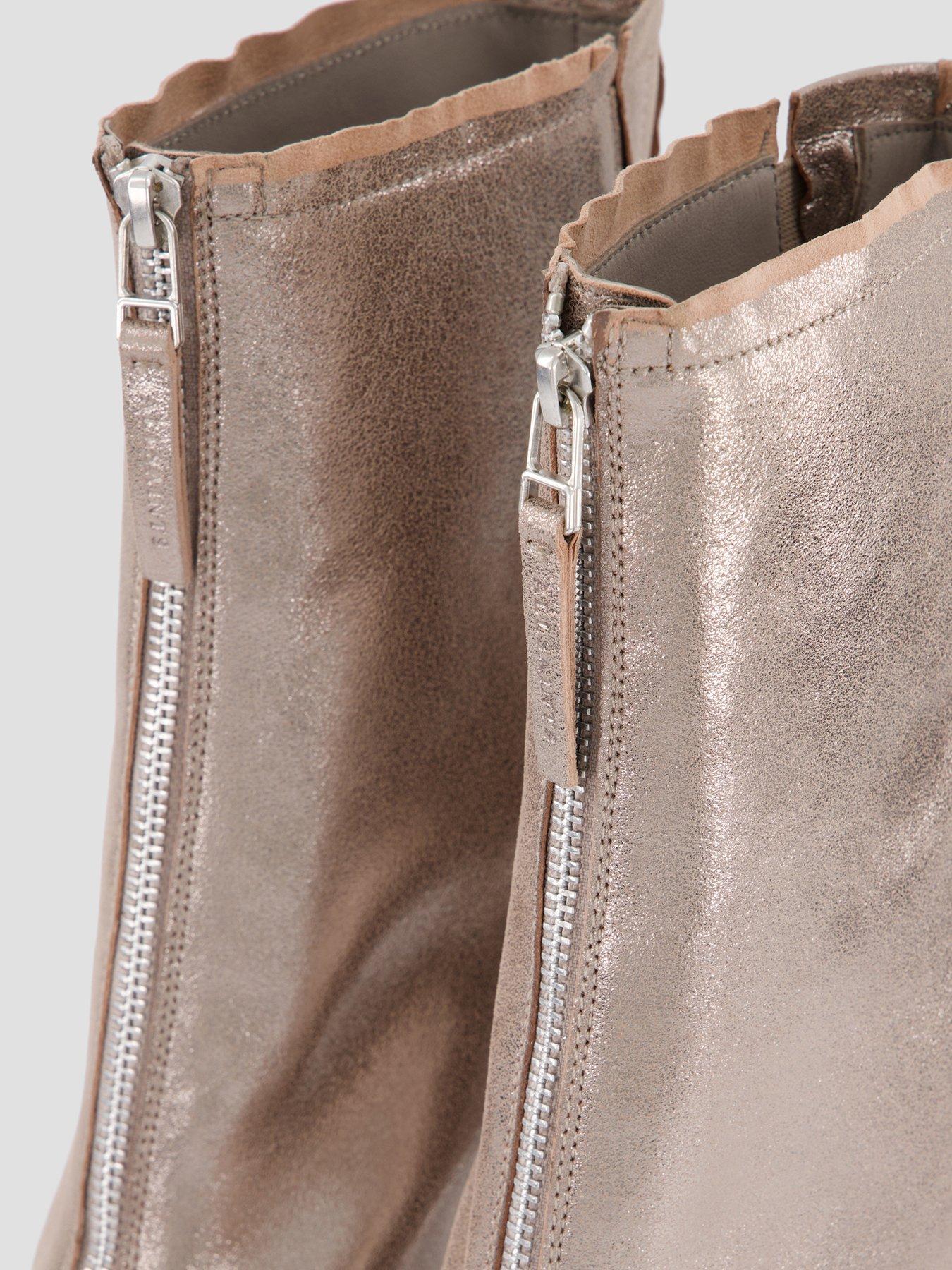 Image 6 of 8 of AllSaints Womens Vera Metallic Leather Zip Stiletto Ankle Boots - Silver