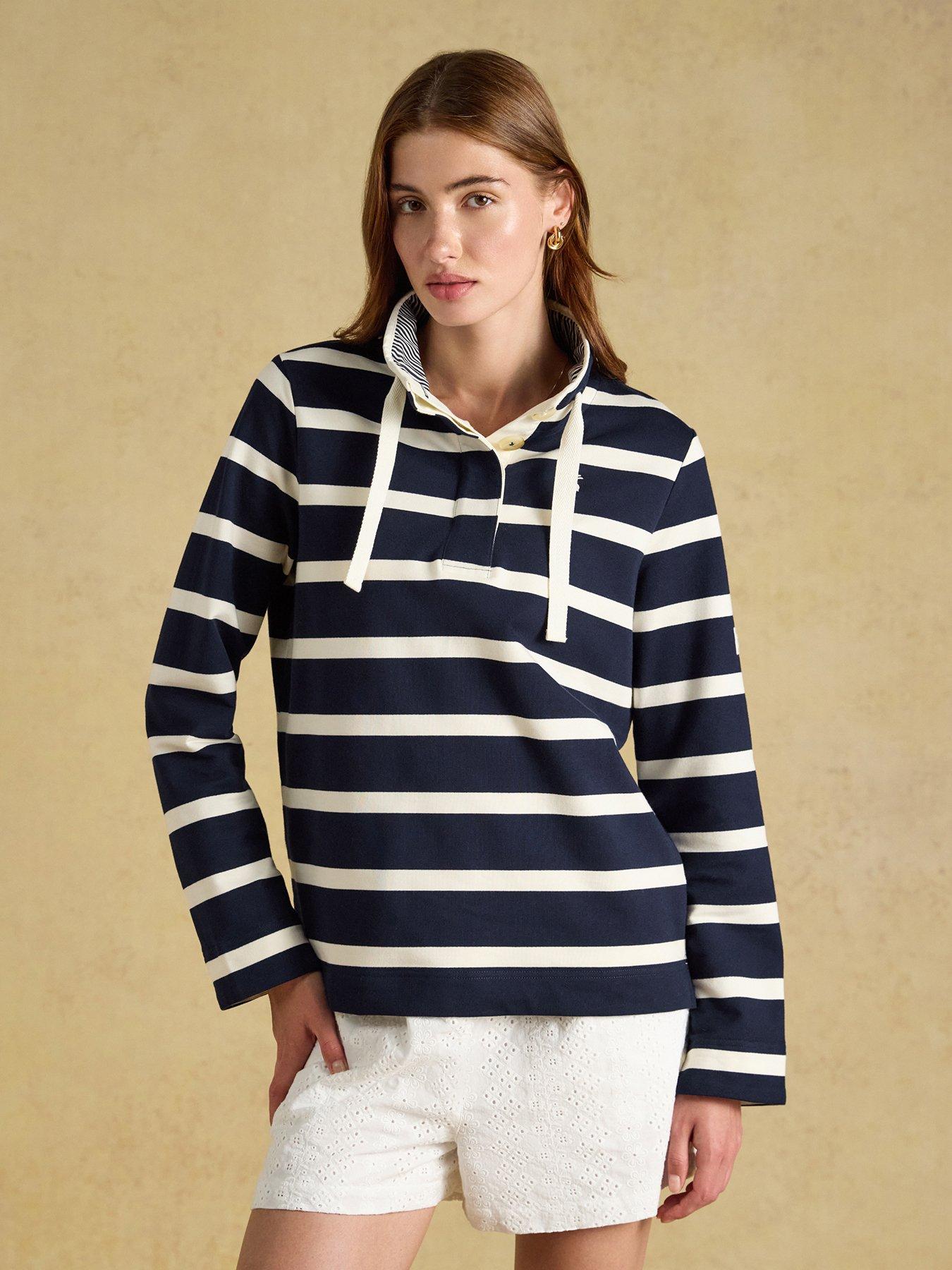 Joules Women's Saunton Striped Cotton Blend Sweatshirt with Buttoned Funnel Neck, Navy, Size 18, Women