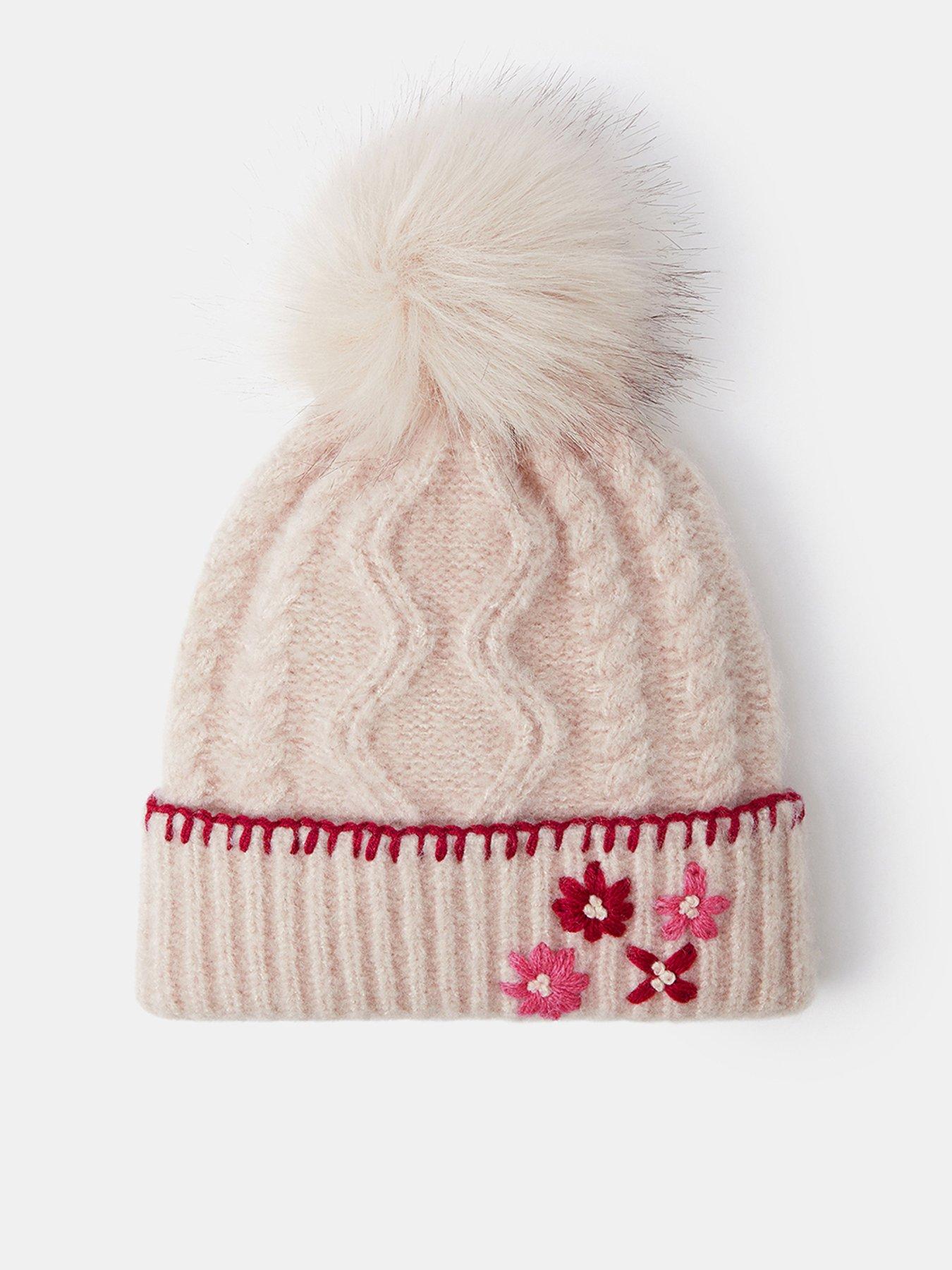 Image 1 of 3 of Accessorize Girls Floral Embroidered Faux-Fur Pom-Pom Beanie - Beige