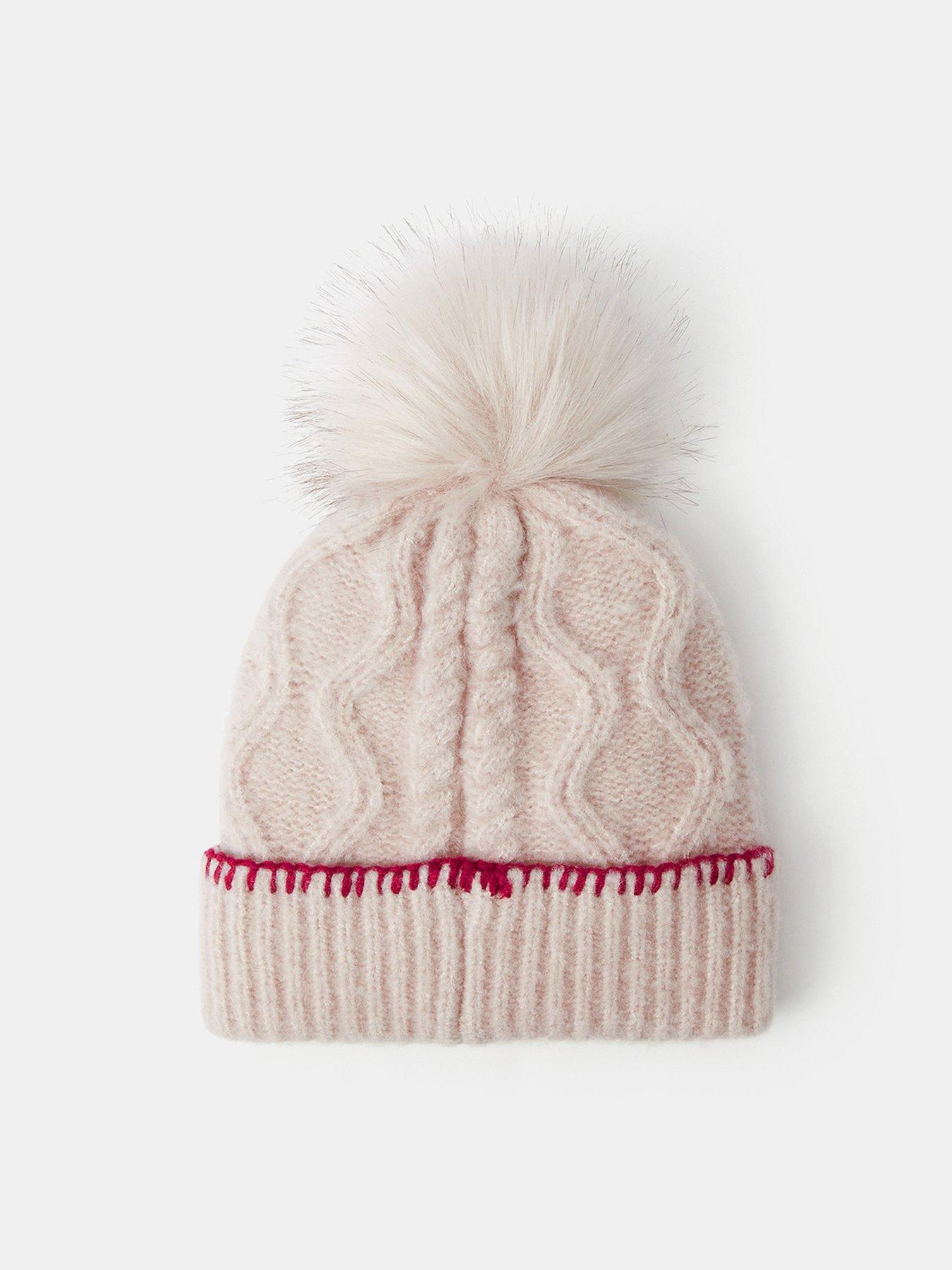 Image 2 of 3 of Accessorize Girls Floral Embroidered Faux-Fur Pom-Pom Beanie - Beige