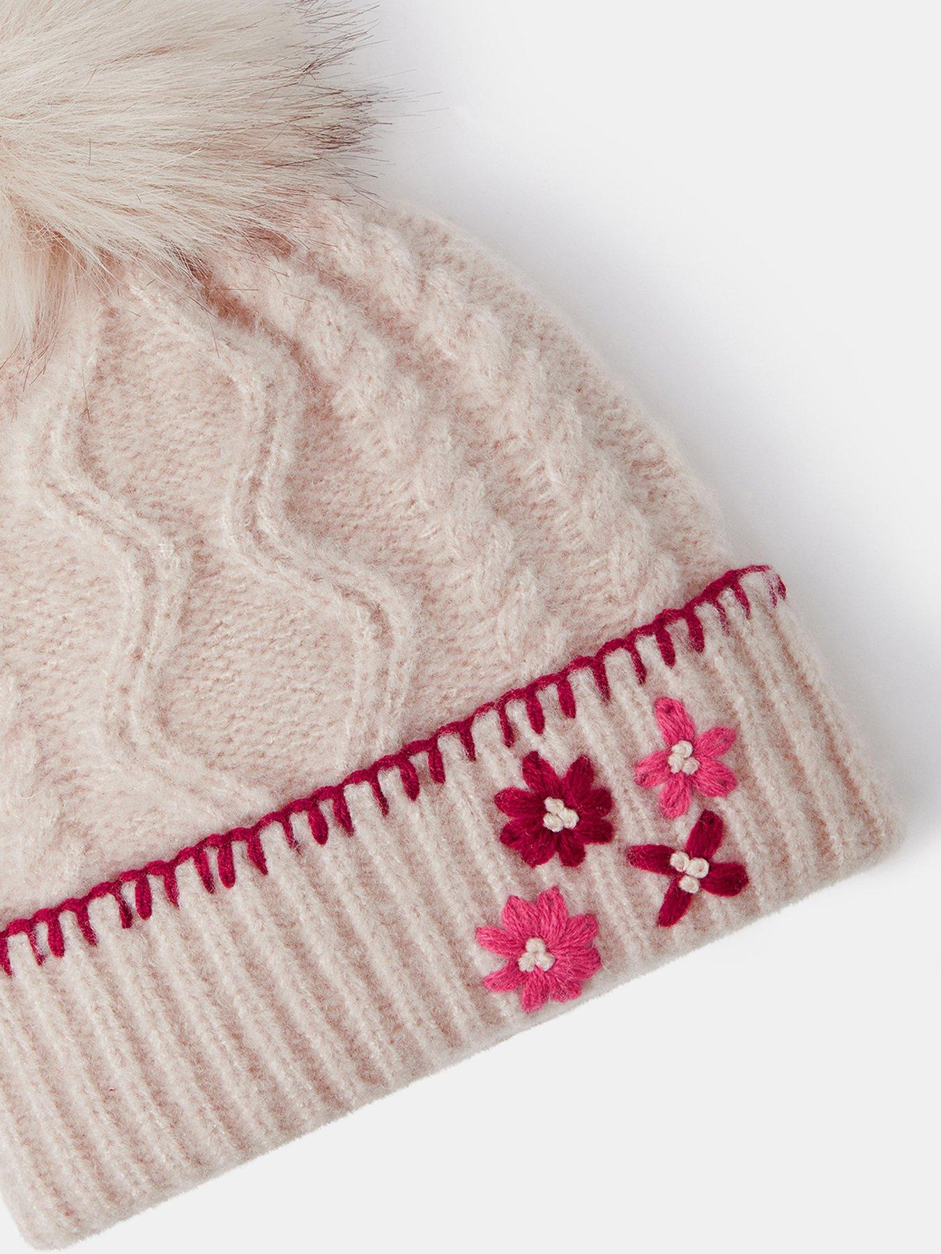 Image 3 of 3 of Accessorize Girls Floral Embroidered Faux-Fur Pom-Pom Beanie - Beige