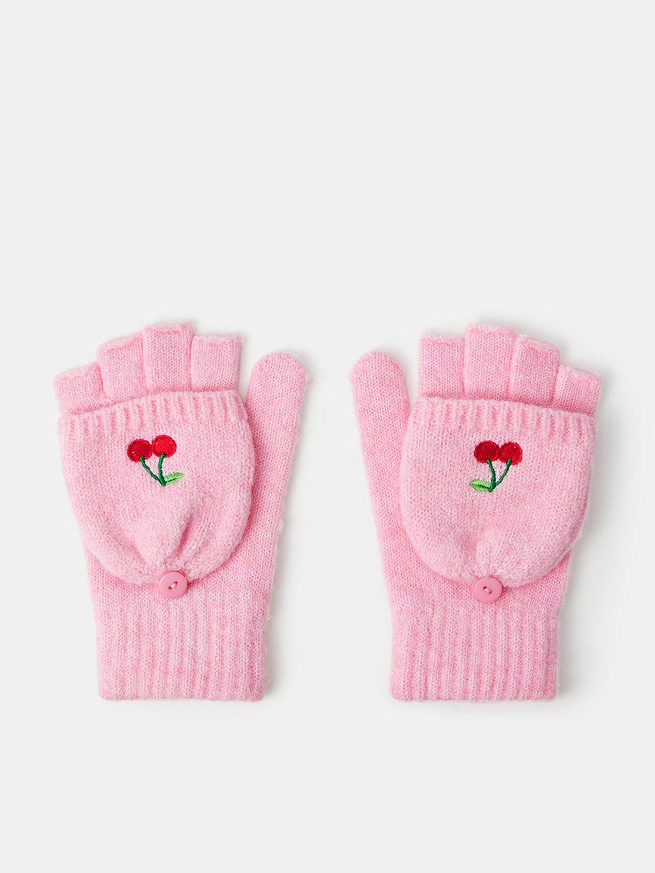 Image 1 of 3 of Accessorize Girls Convertible Cherry Fingerless Gloves - Pink