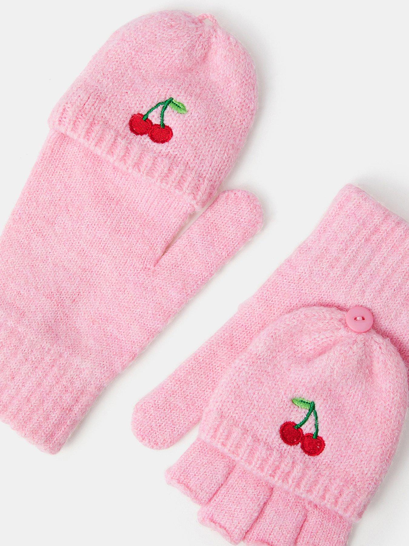 Image 3 of 3 of Accessorize Girls Convertible Cherry Fingerless Gloves - Pink