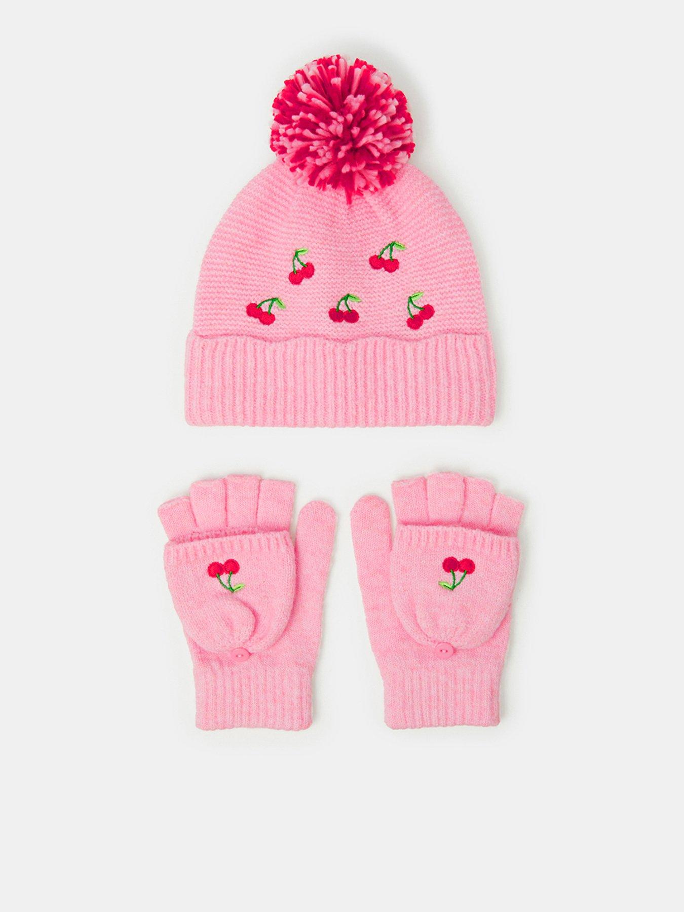 Image 1 of 2 of Accessorize Girls Cherry Embroidered Bobble Hat And Gloves Set - Pink
