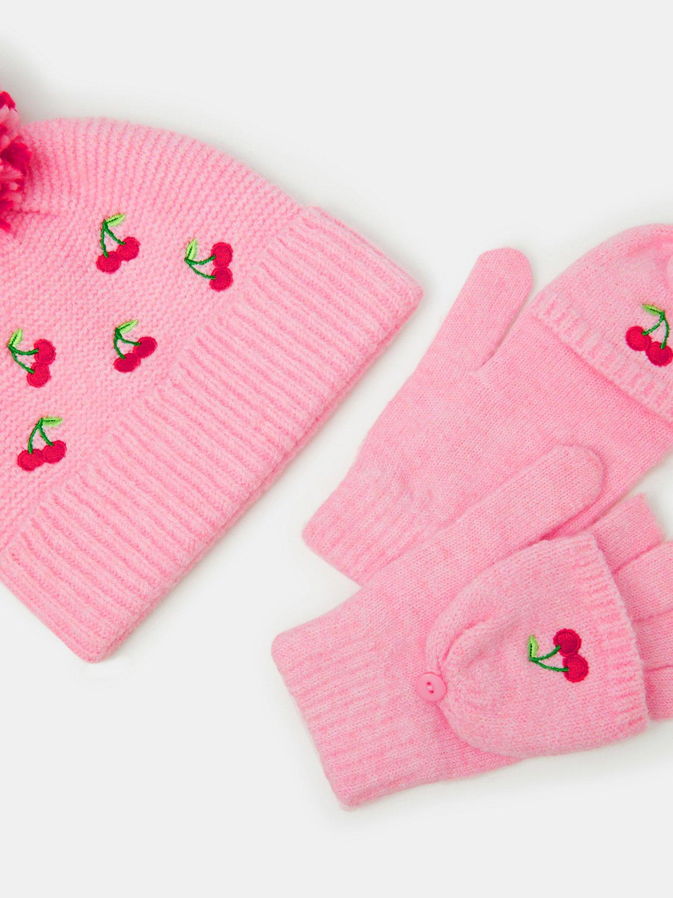 Image 2 of 2 of Accessorize Girls Cherry Embroidered Bobble Hat And Gloves Set - Pink