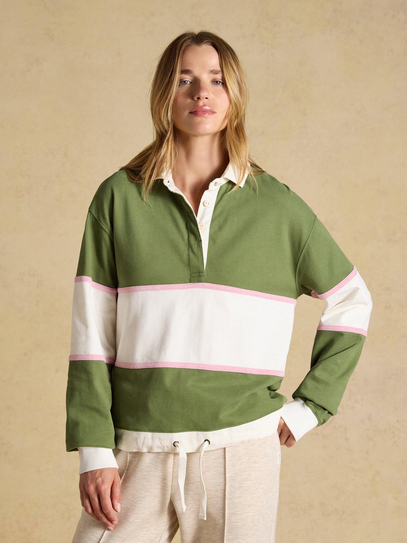 Joules Women'S Striped Rugby Jersey Shirt With Contrast Collar - Green/Cream