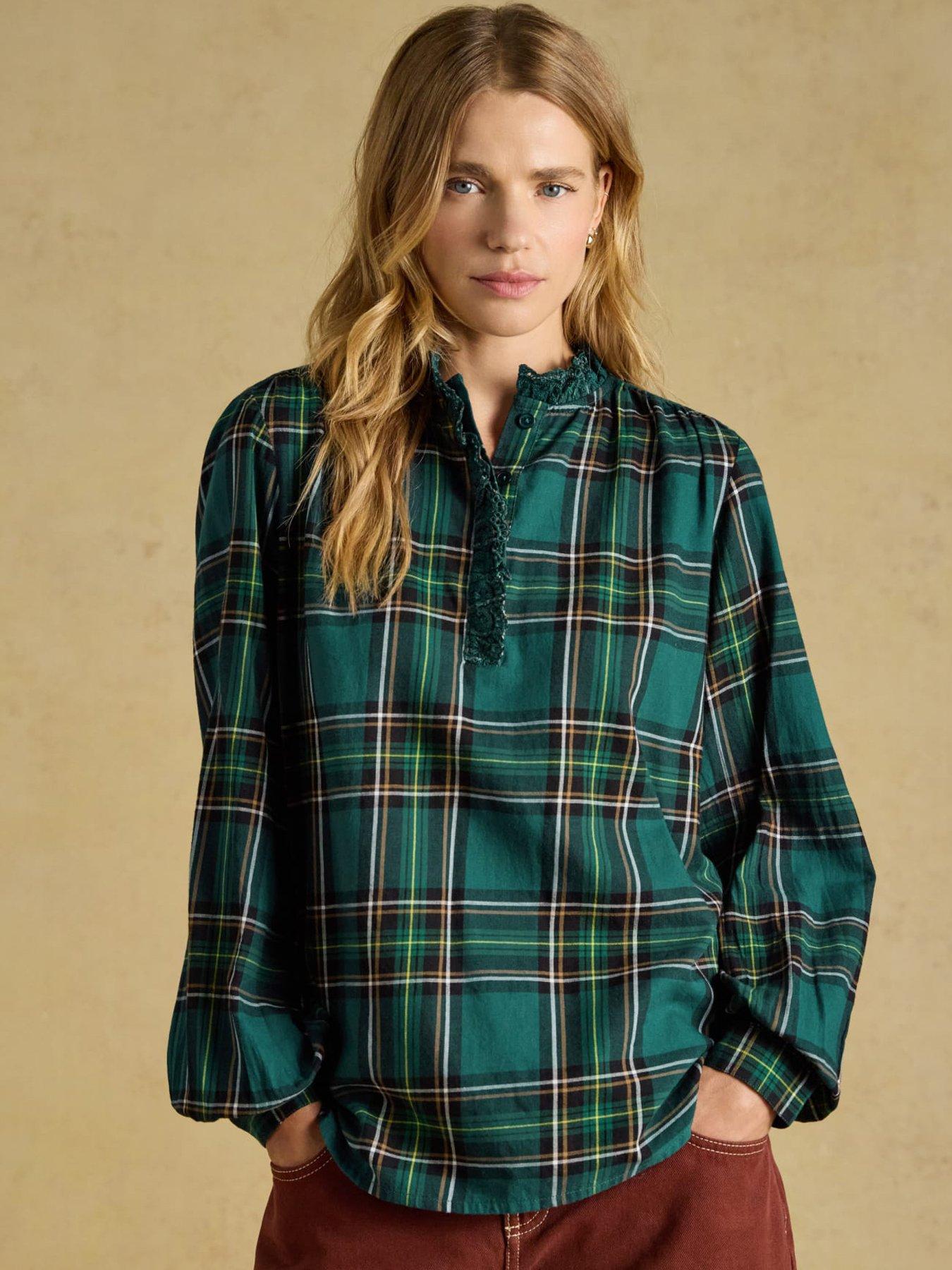 Image 1 of 7 of Joules Womens Melanie Check Lace Trim Relaxed Fit Top - Green