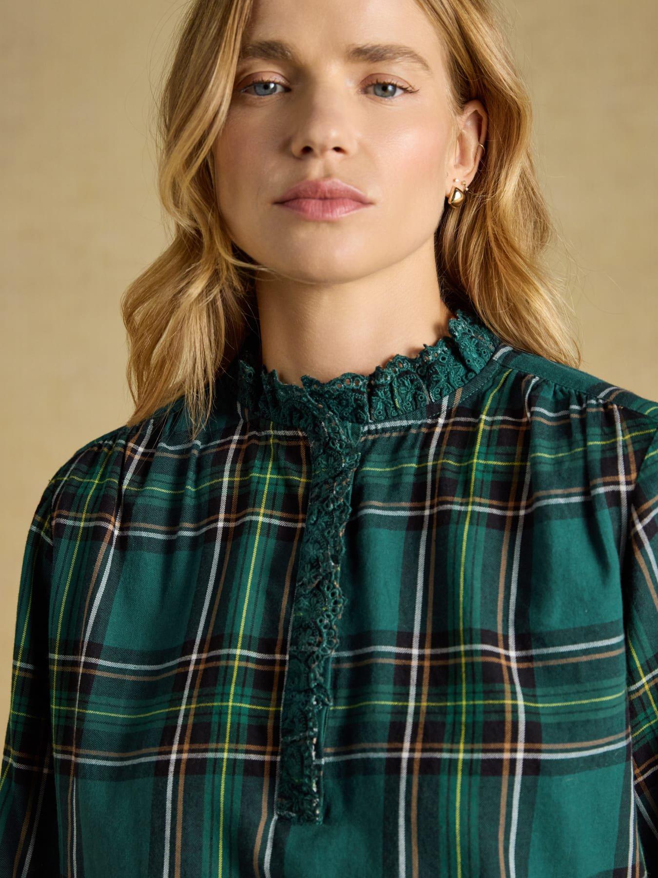 Image 6 of 7 of Joules Womens Melanie Check Lace Trim Relaxed Fit Top - Green
