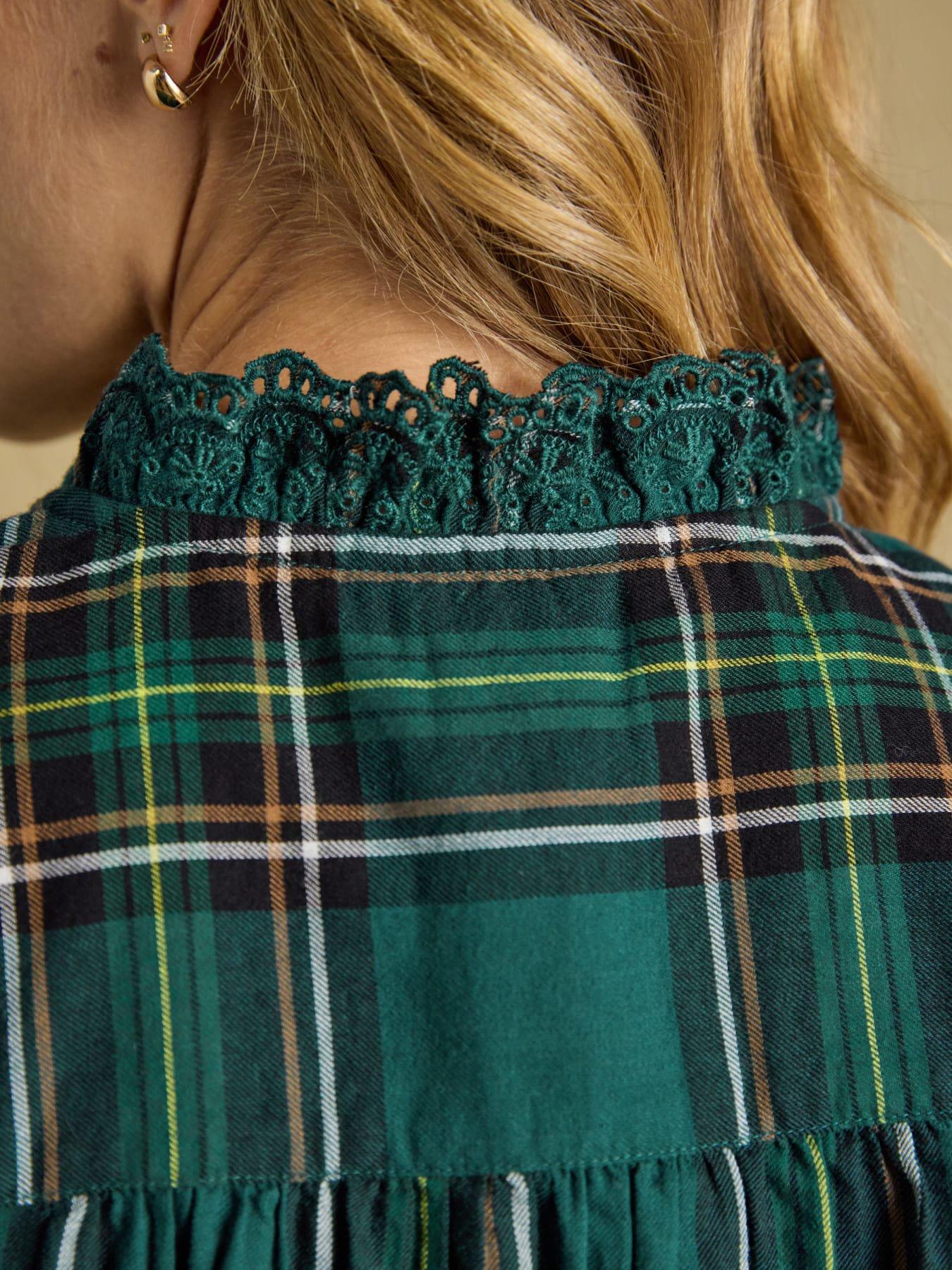 Image 7 of 7 of Joules Womens Melanie Check Lace Trim Relaxed Fit Top - Green