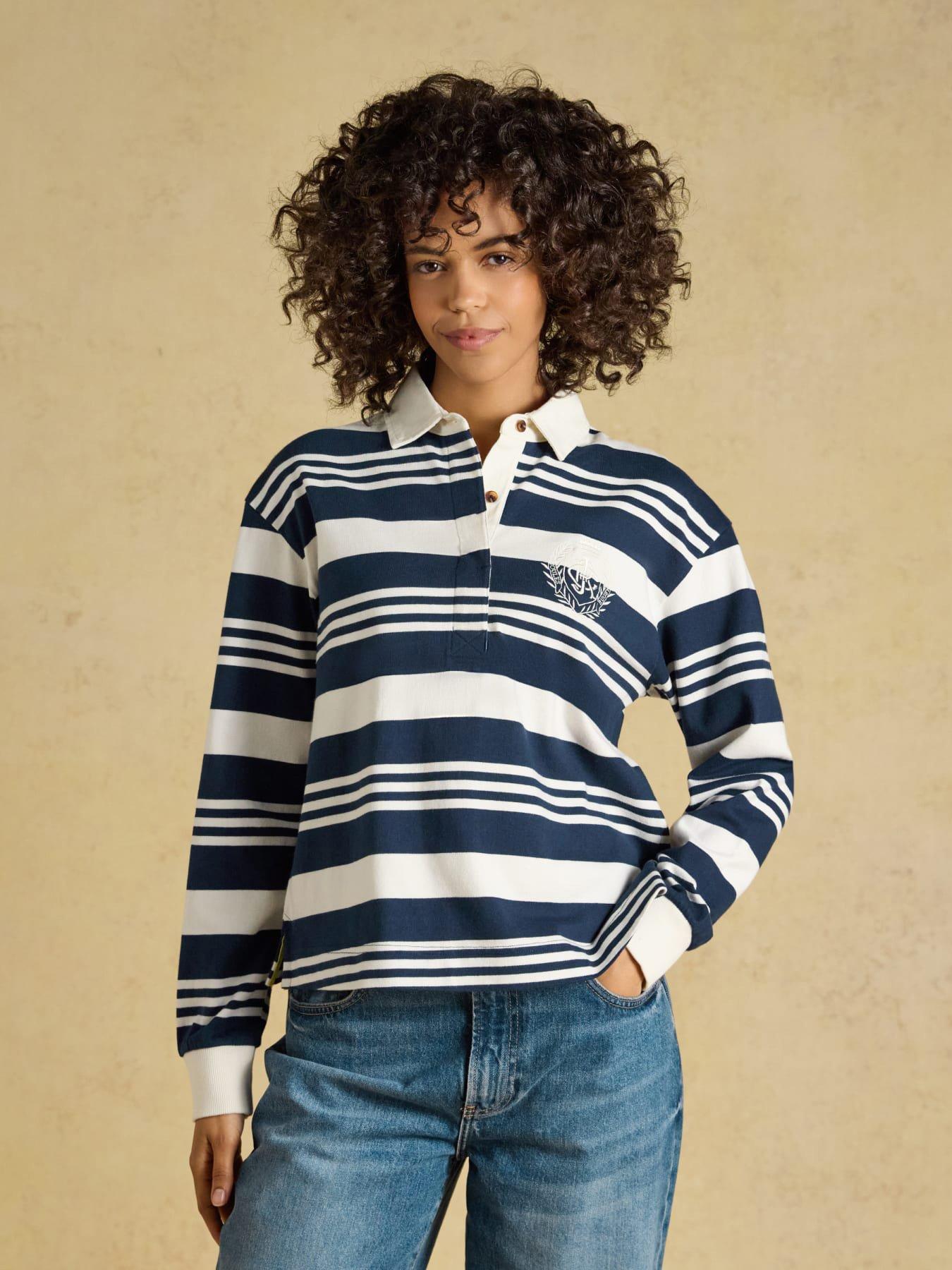 Image 1 of 7 of Joules Womens Rugby Collar Relaxed Stripe T-Shirt - Navy/White-Stripe