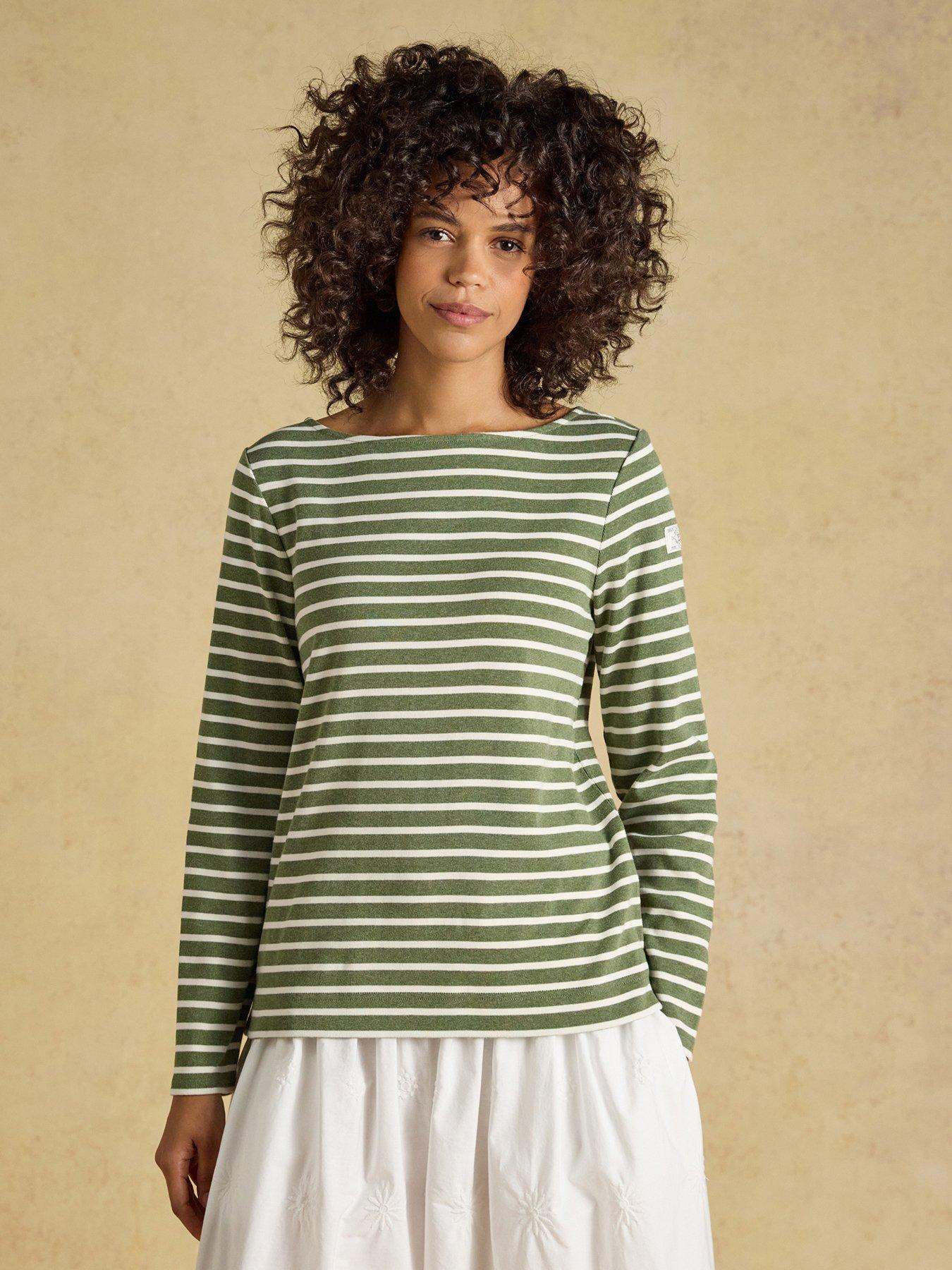 Joules Women's Long Sleeve Breton Boat Neck Cotton Jersey Top, Green, Size 14, Women